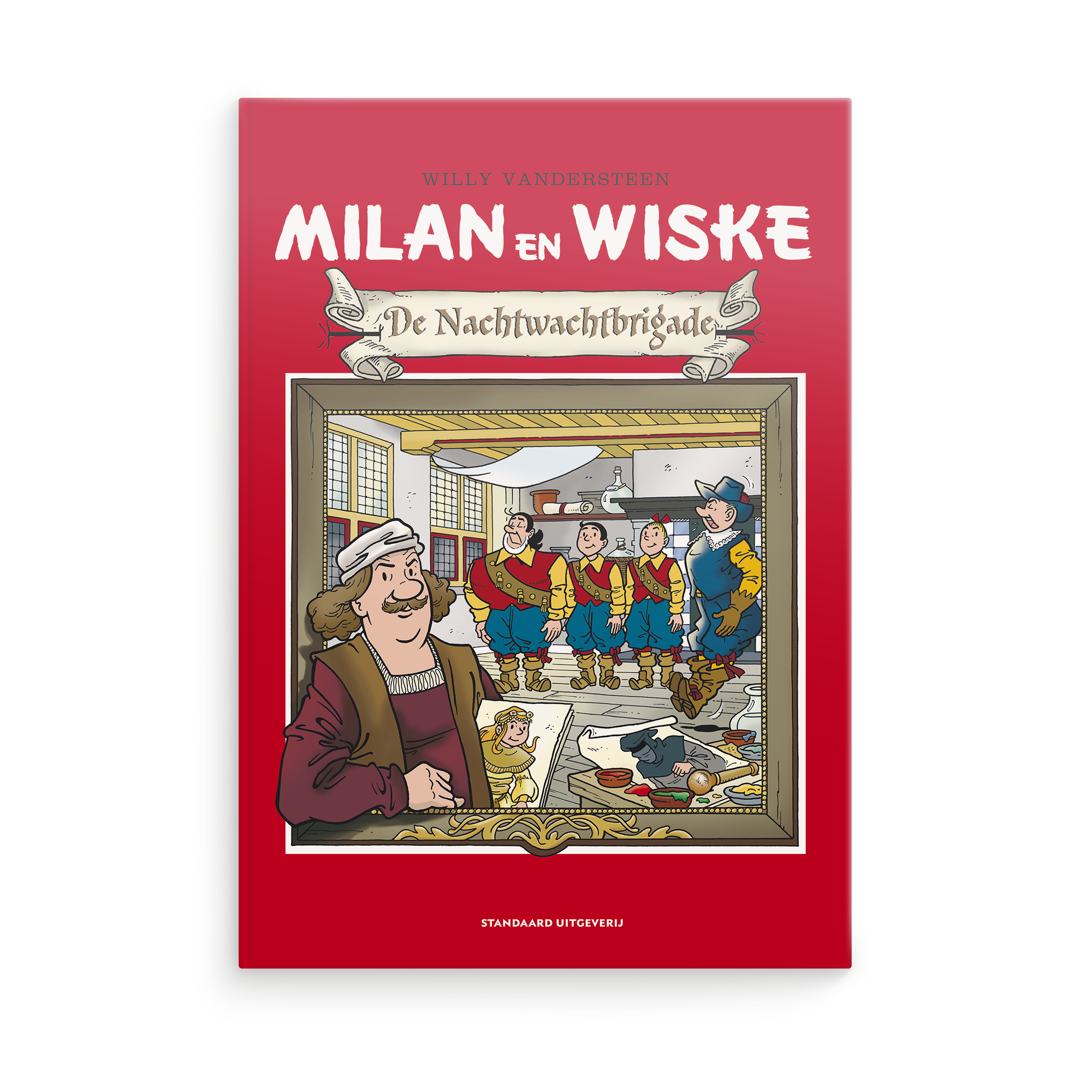 Persoonlijk stripboek Suske en Wiske De Nachtwachtbrigade hardcover met aanpasbare naam Milan op de cover en een illustratie van Rembrandt en de Nachtwacht.