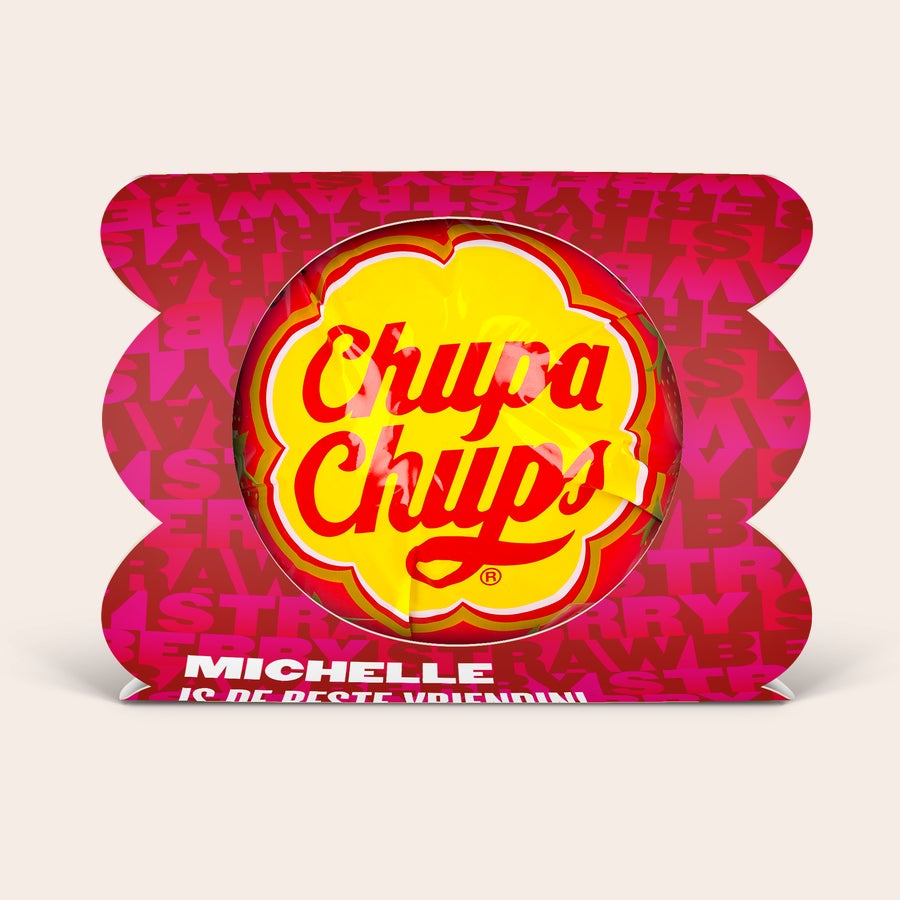Mega Chupa Chups personaliseren Mega Chupa Chups personaliseren - Aardbei - 20 lollys met naam Michelle, gedrukt op een rode verpakking