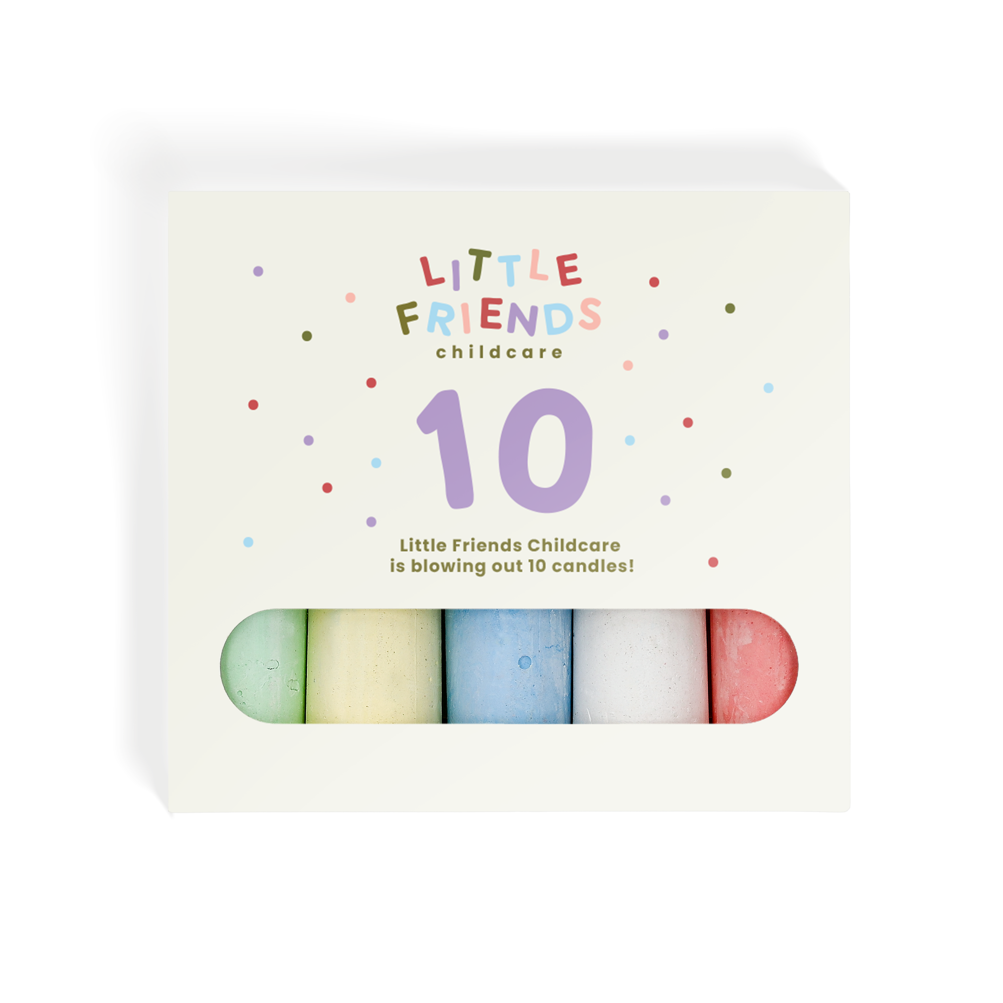 Bunte personalisierte Tafelkreide im 6er-Set, bedruckt mit dem Namen Little Friends Childcare und der Zahl 10