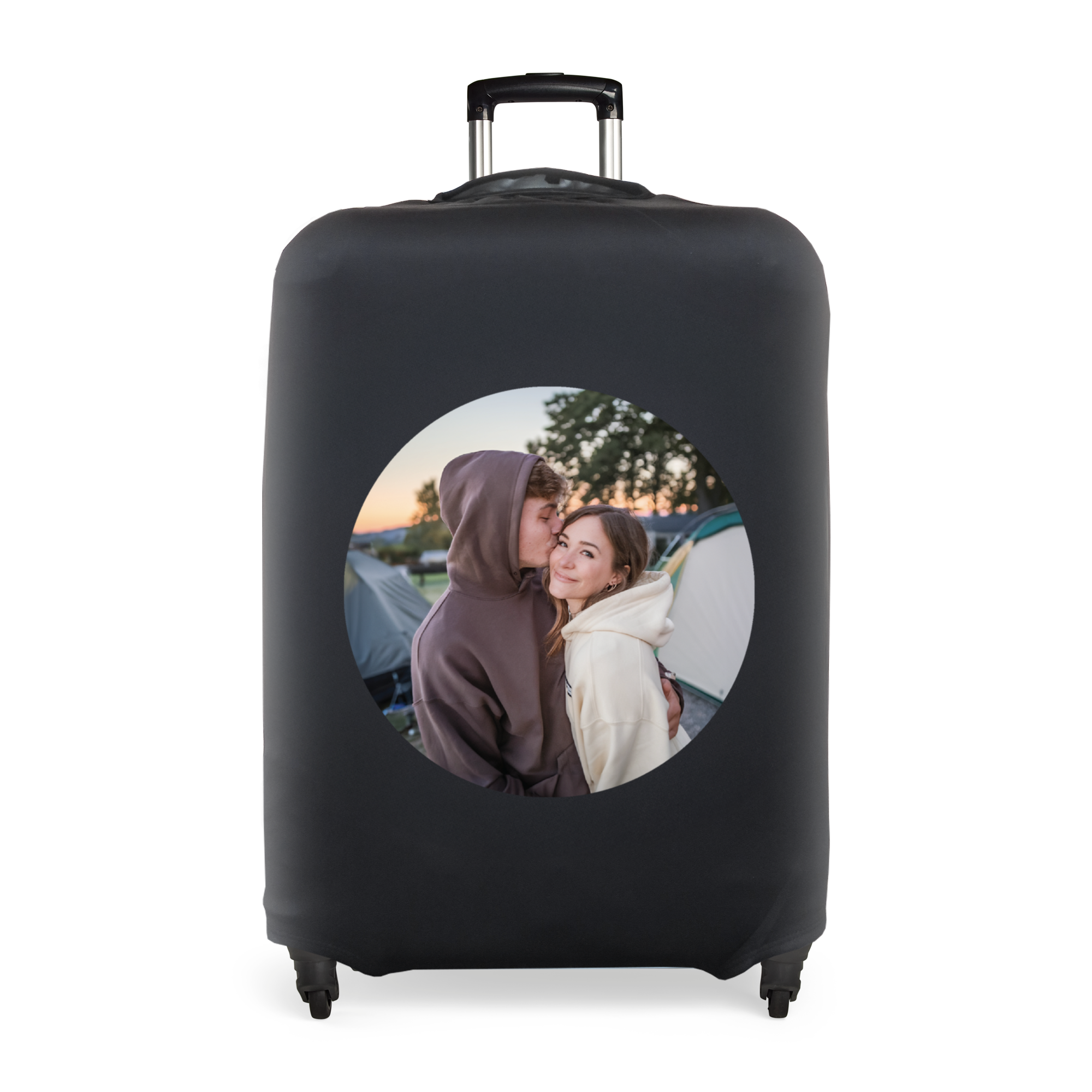 Black elastic custom photo suitcase cover with a printed photo of a couple hugging