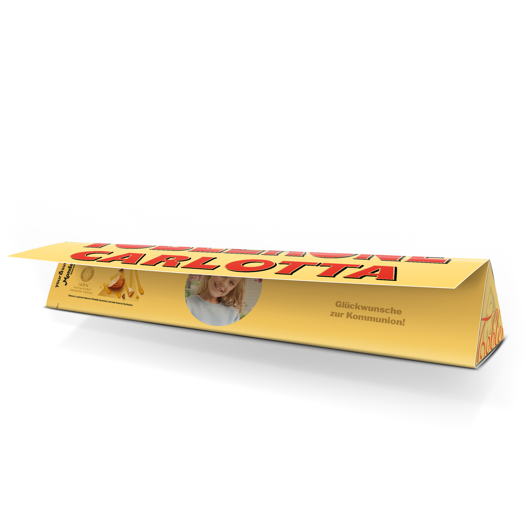Personalisierte Toblerone Schokolade mit dem Namen Carlotta, gedrucktem Foto und Text "Glückwünsche zur Kommunion".