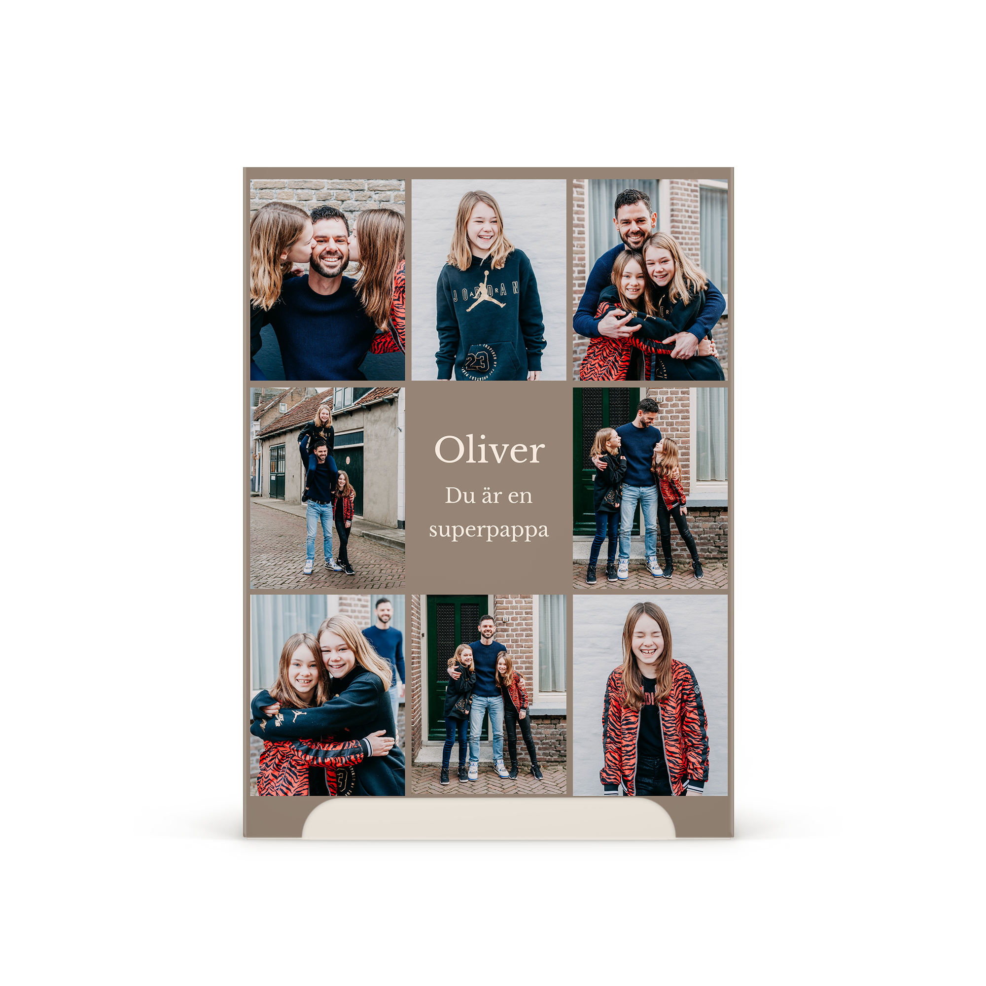 Presentset med personligt fotocollage och texten Oliver Du är en superpappa vem kommer du att överraska med ett Axe-presentset med ett personligt omslag