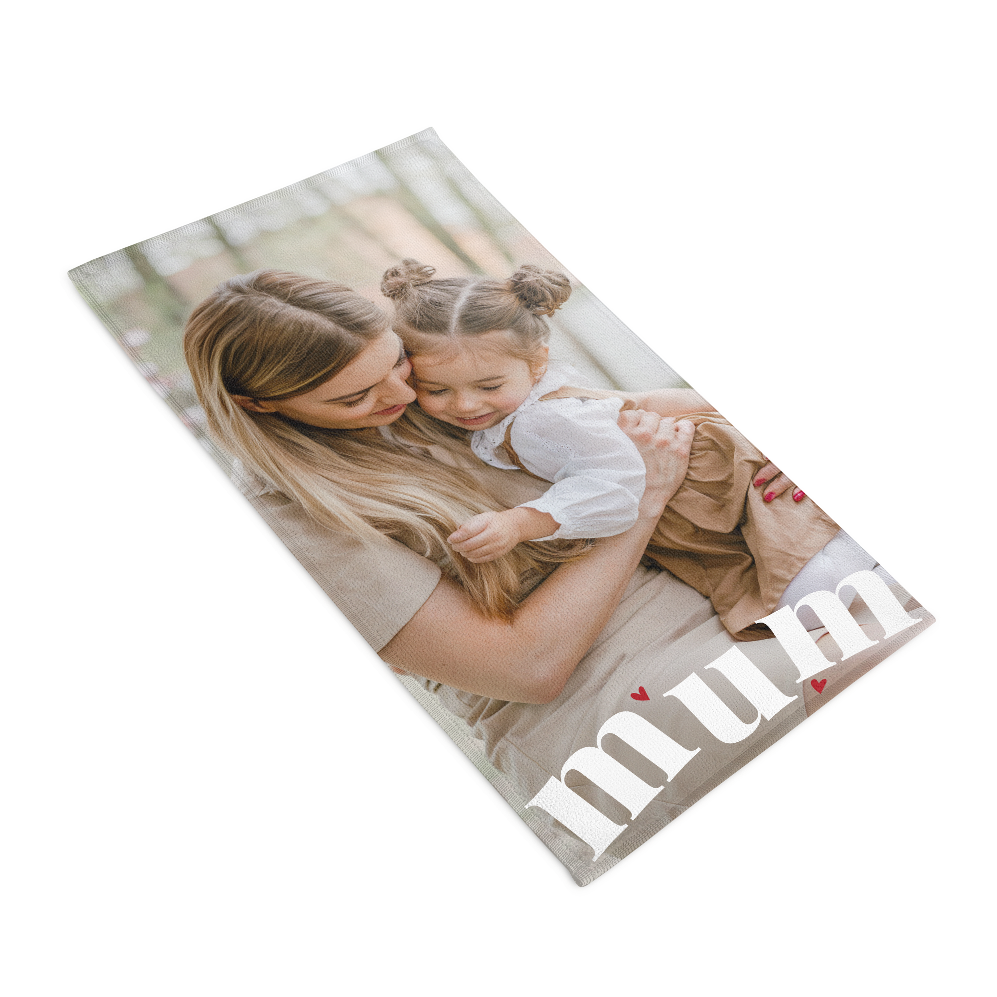 Zaprojektuj jedyny w swoim rodzaju ręcznik z nadrukowanym zdjęciem matki z córką i tekstem Mum