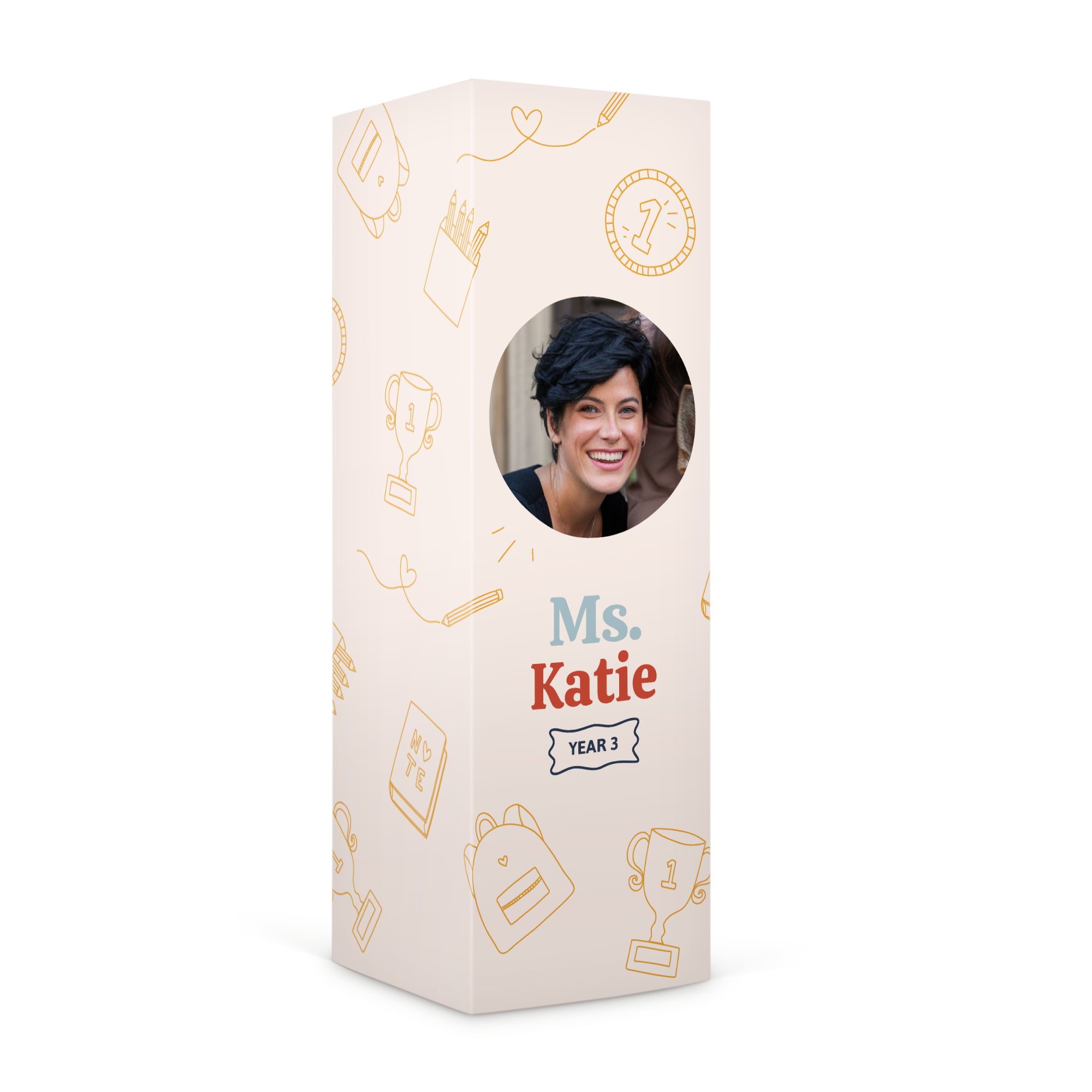 Caja de regalo personalizada con foto, nombre Sra. Katie y texto Year 3 impresos, ideal para sorprender a tus seres queridos.
