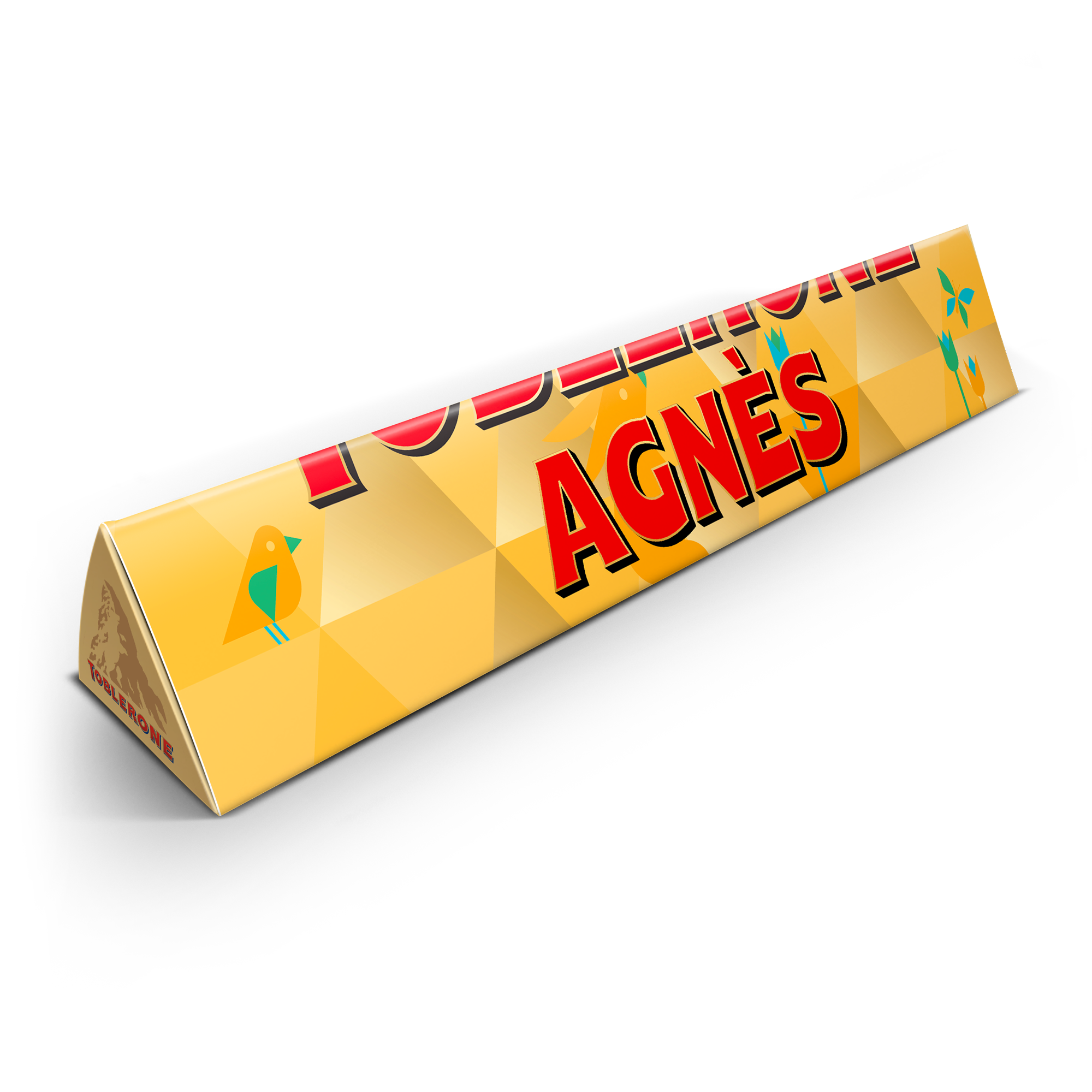 Barre chocolatée Toblerone XXL personnalisée avec le prénom Agnès imprimé en rouge