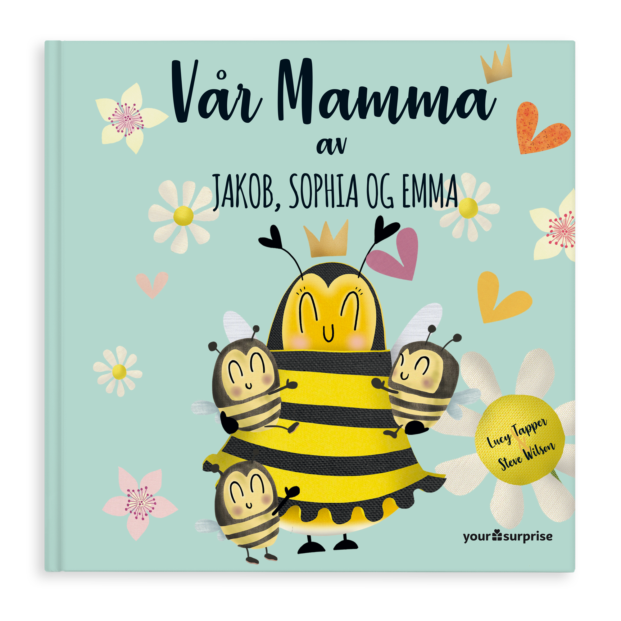 Personlig &quot;Vår Mamma&quot; bok med en bie, to små bier, og navnene Jakob, Sophia og Emma trykt på forsiden. Denne nydelige boken er en perfekt måte å vise mamma hvor mye hun betyr for deg!