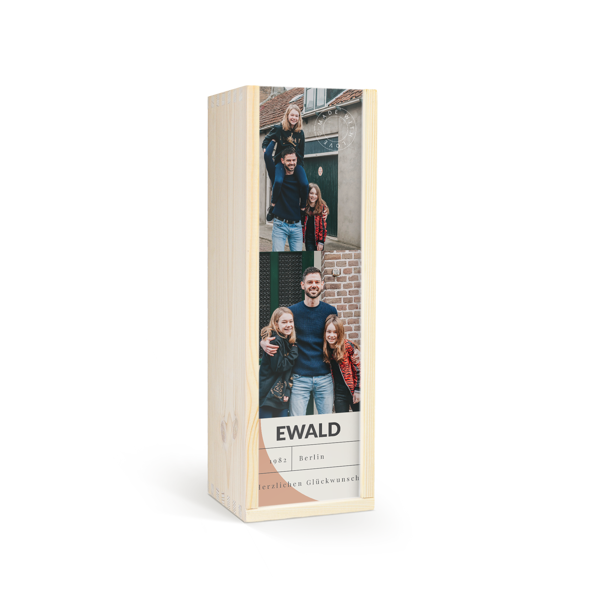 Eine Flasche Jameson in personalisierter Holzkiste mit Fotodruck, Name Ewald, Berlin und Herzlichen Glückwunsch.