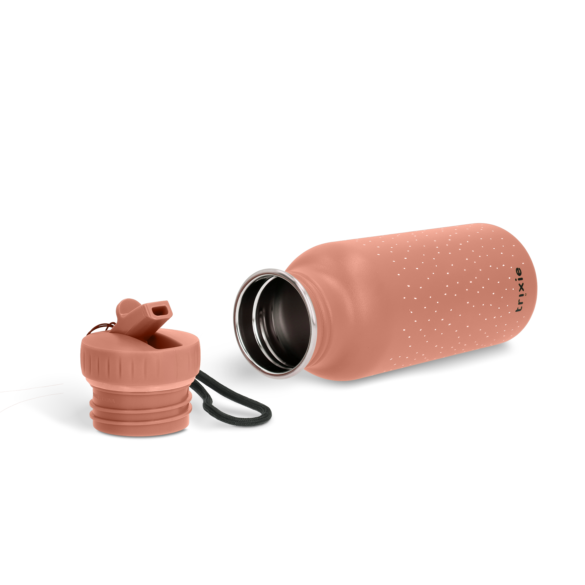 Bouteille d'eau Trixie rose gravée avec un motif à pois et le nom personnalisé de l'enfant