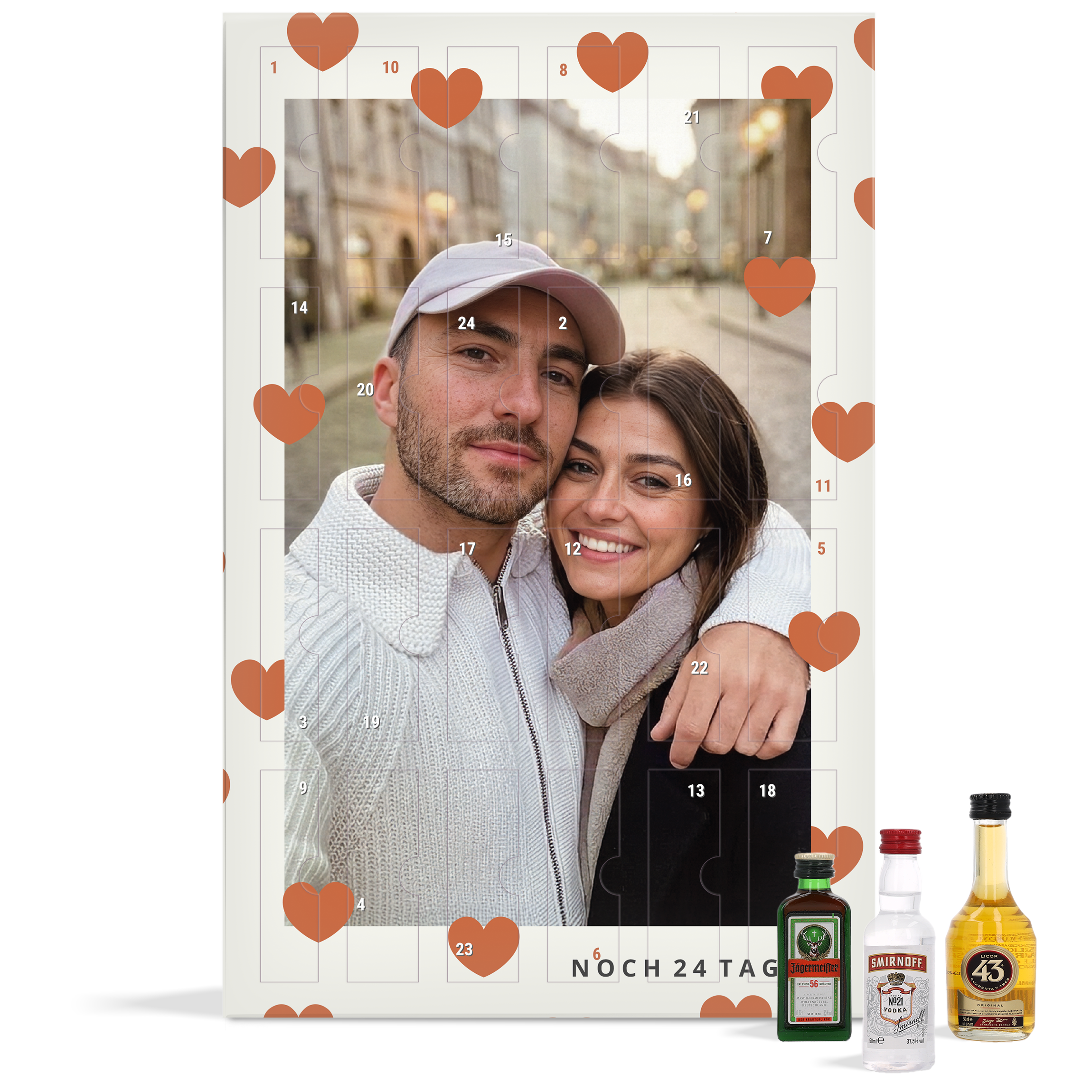 Personalisierter Alkohol-Countdown-Kalender mit Foto und Herzen bedruckt, mit Namen und Datum individualisierbar.