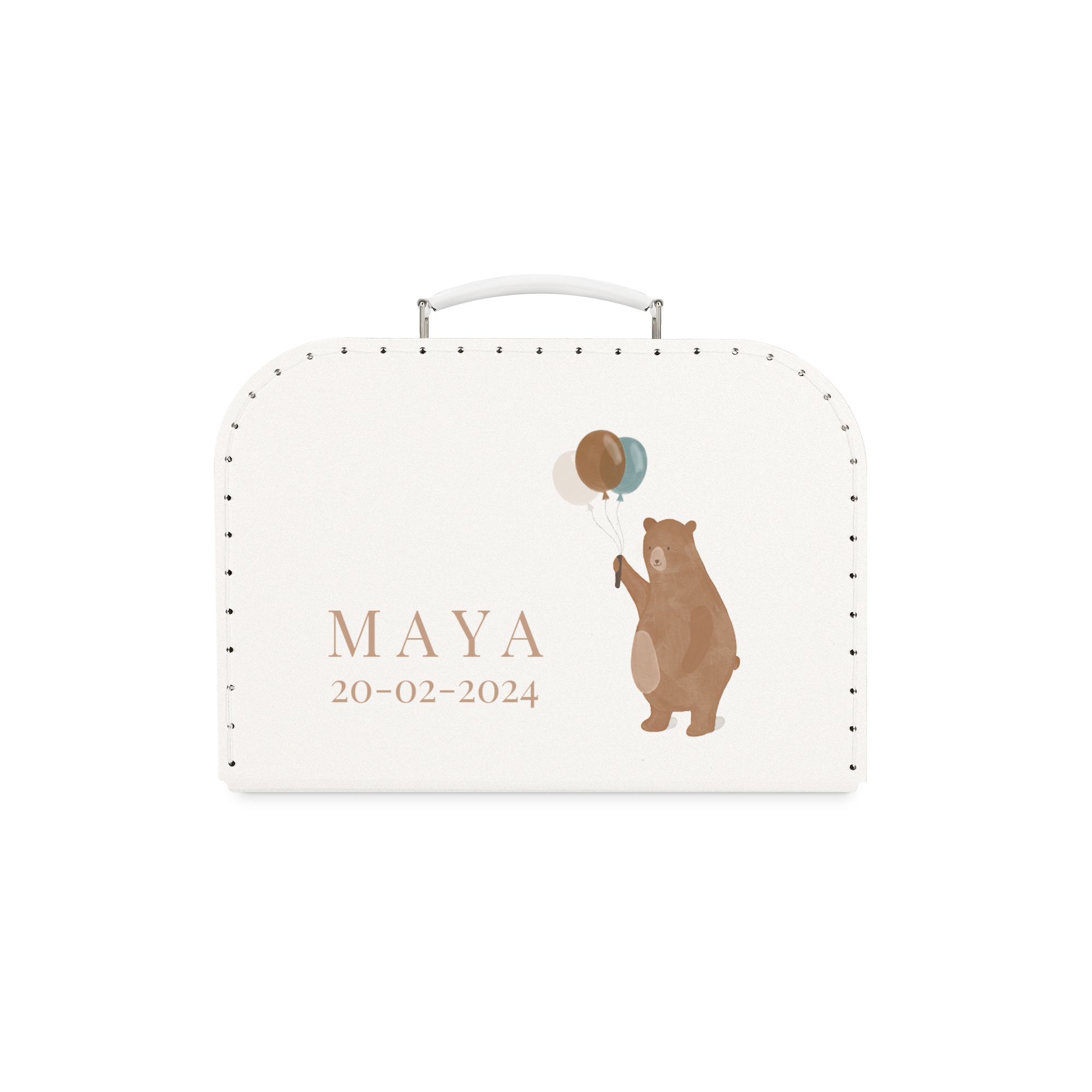White personalized toy suitcase printed with a bear holding balloons and the name MAYA and date 20-02-2024