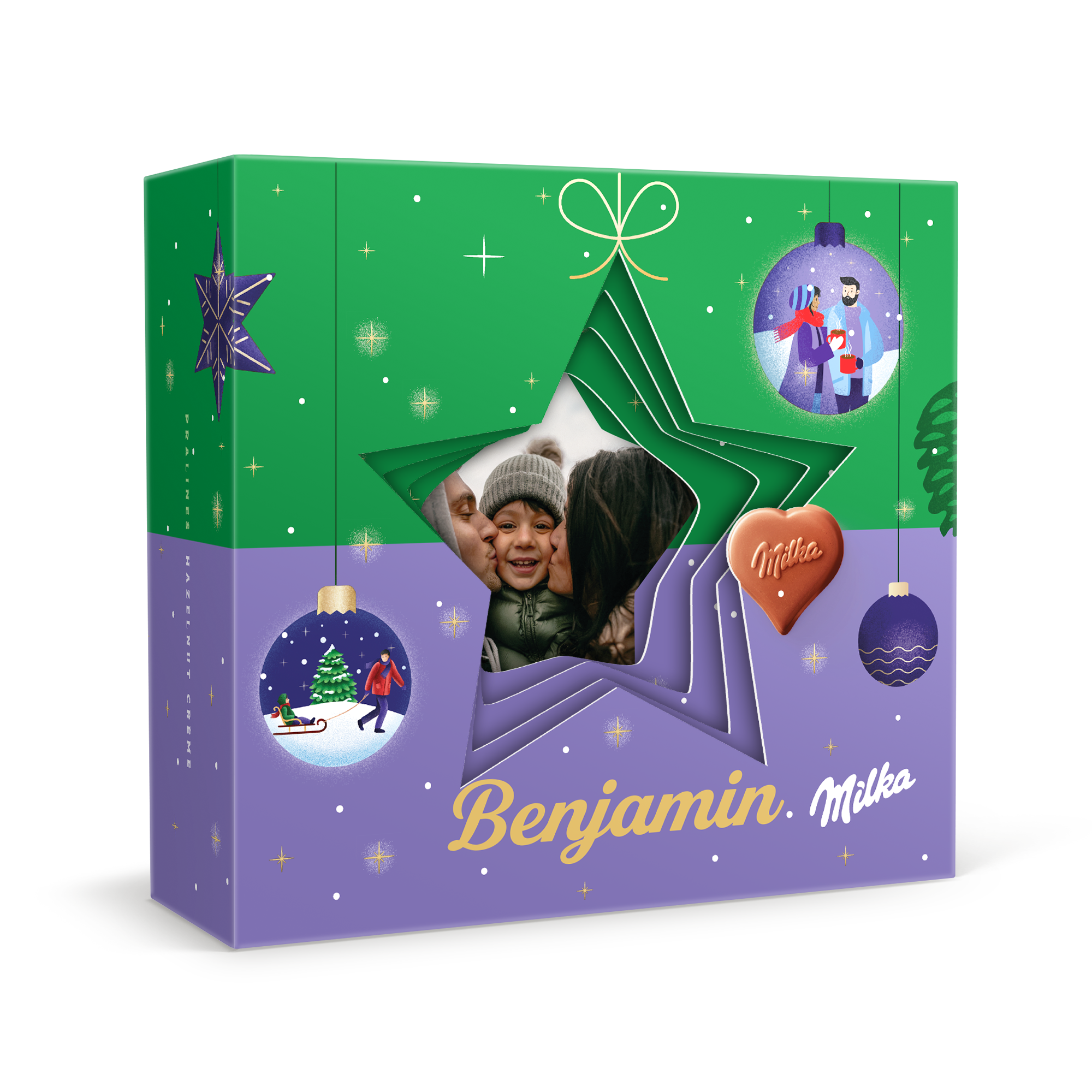 Inimi Milka în cutie cadou 3D personalizată - Crăciun