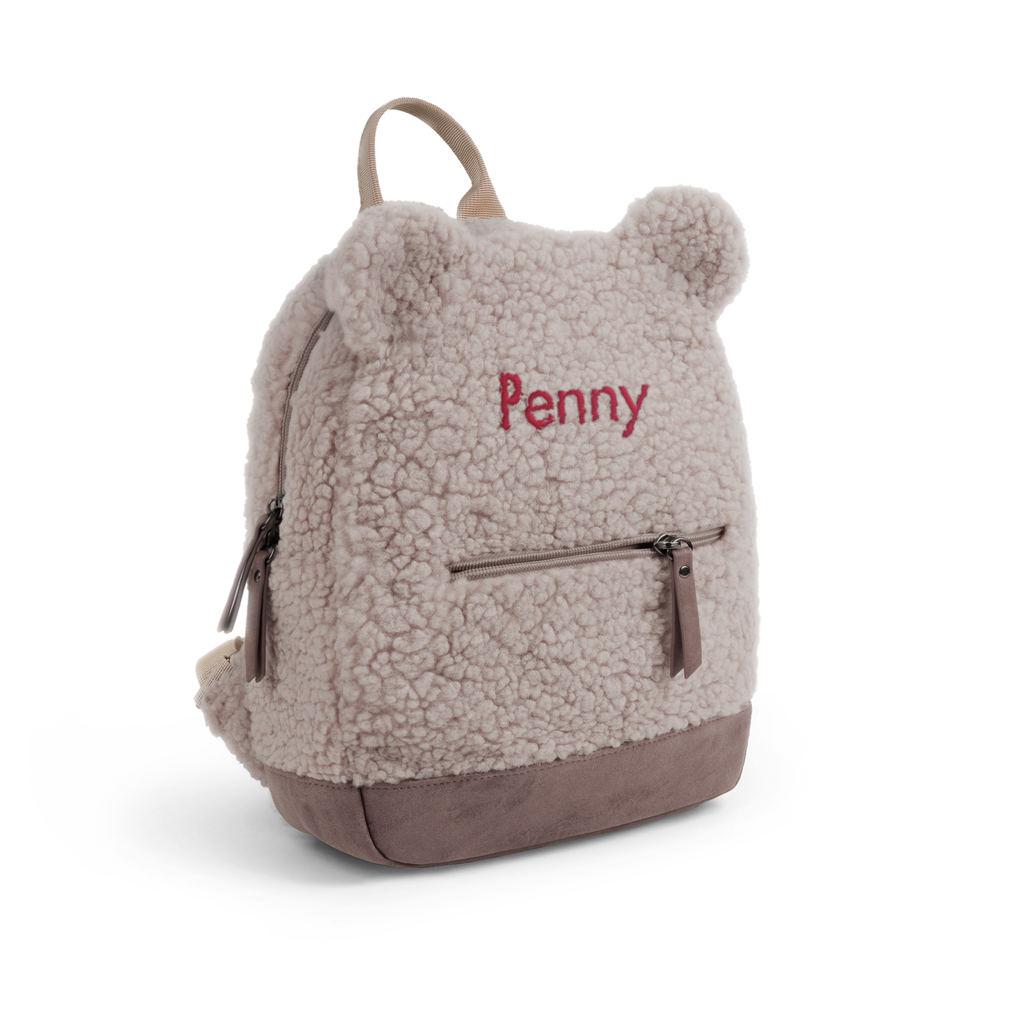 Cool personlig teddyryggsäck, broderad med namnet Penny i rött, med mysiga öron och mjukt material.