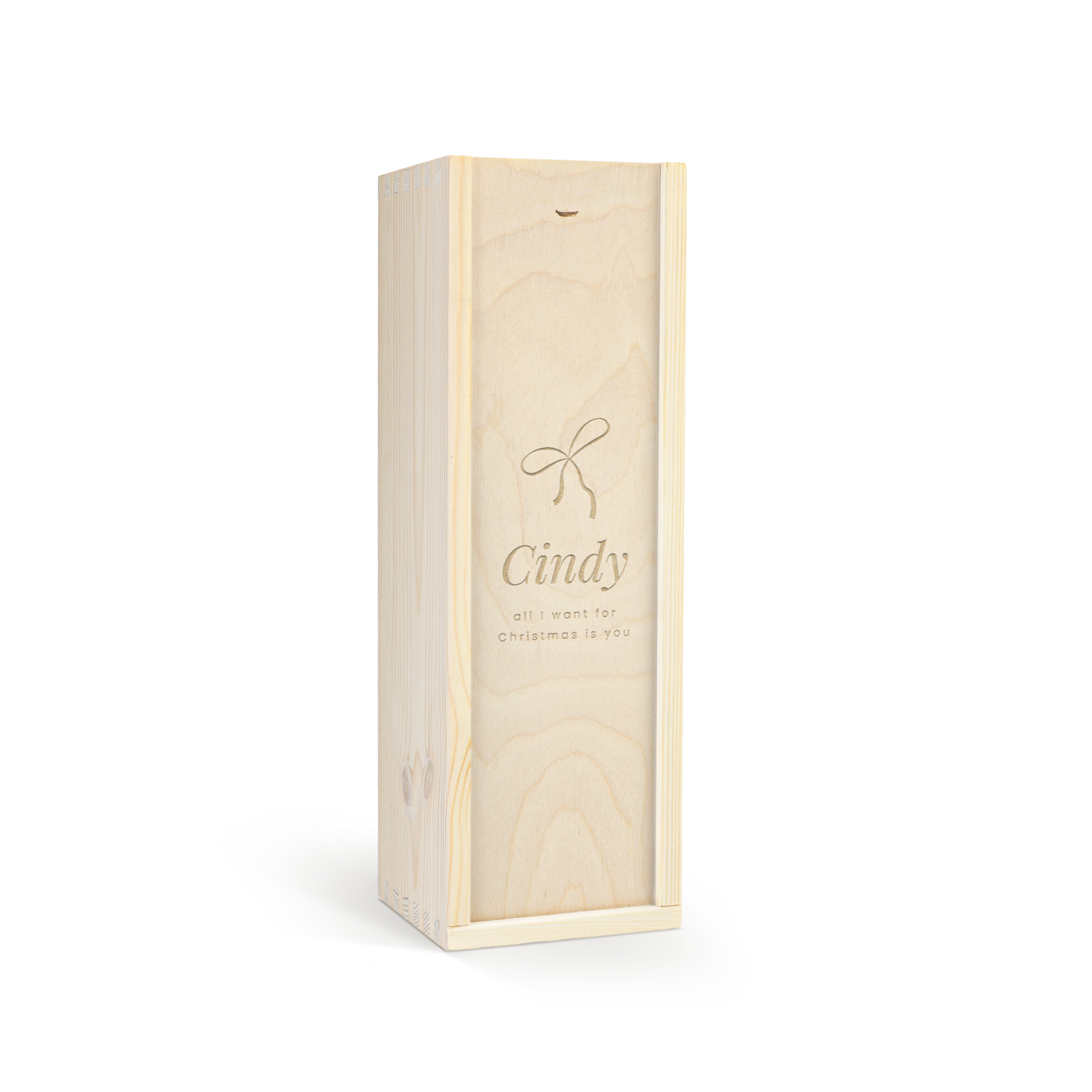 Gravírozott luxus fadobozban Riondo Prosecco Spumante bor, "Cindy" névvel és masnival.