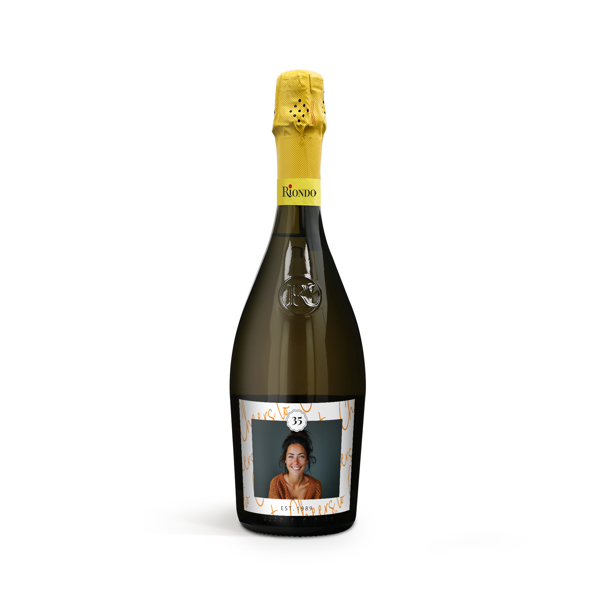 Riondo Prosecco Spumante wine with a personalized label, printed with a photo, the number 35 and EST. 1989 text