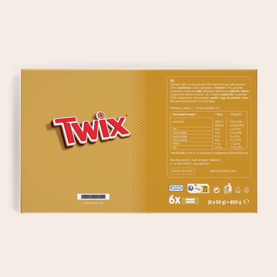 Personlig Twix sjokoladeplate Personlig Twix gaveeske med eget bilde, navn eller tekst trykt på en gullenke.