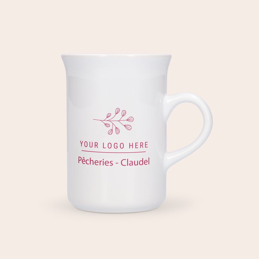 Tasse à thé personnalisée Tasse incurvée blanche personnalisée avec un logo et le texte Pêcheries Claudel