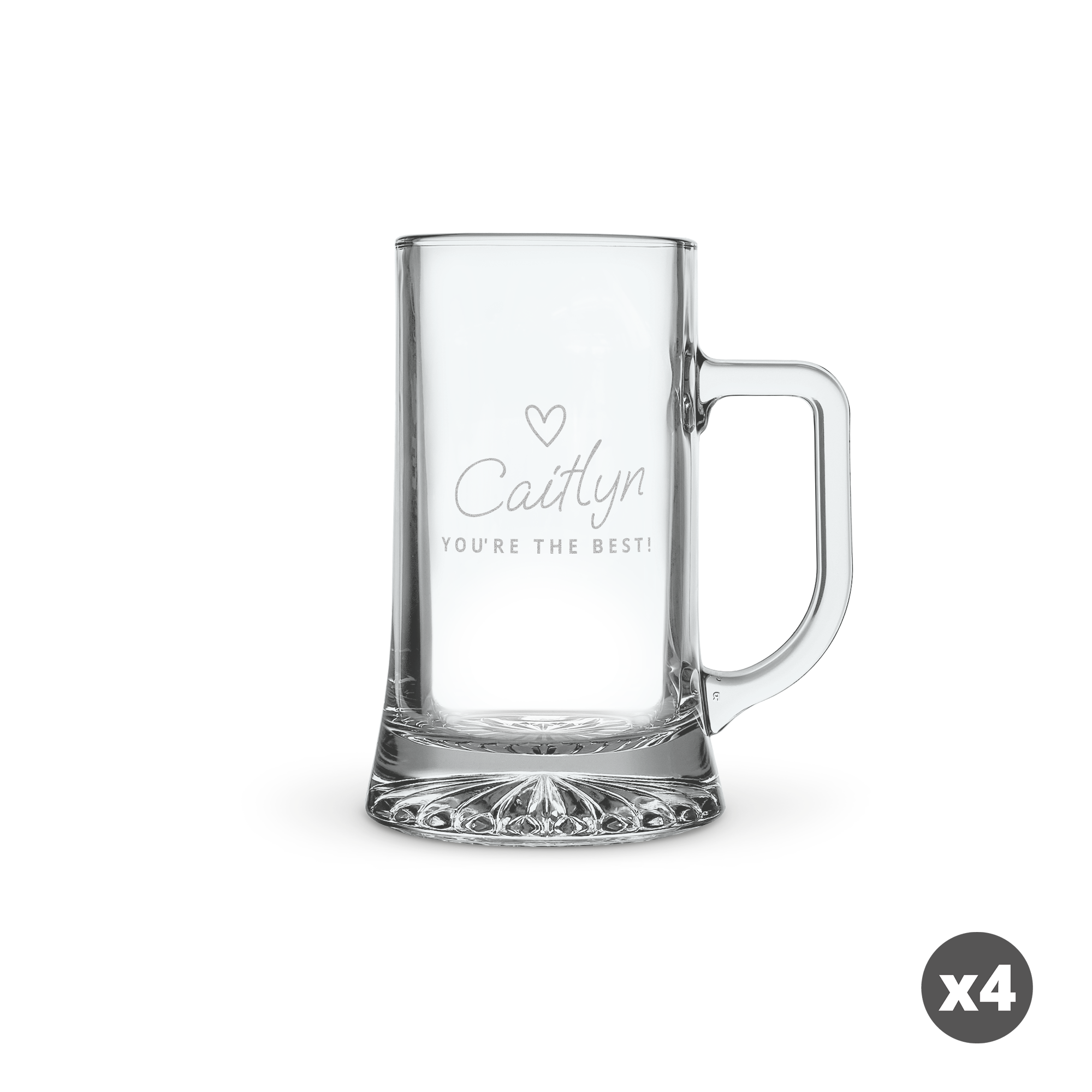 A personalised glass tankard with "Caitlyn YOU'RE THE BEST!" and a heart symbol engraved on the front
