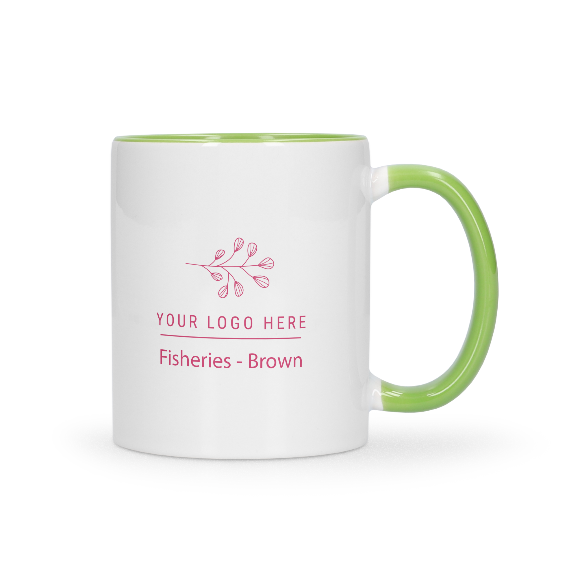 Biely keramický hrnček so zelenou rúčkou a potlačou loga s textom "YOUR LOGO HERE Fisheries - Brown", skvelý farebný hrnček ako darček.