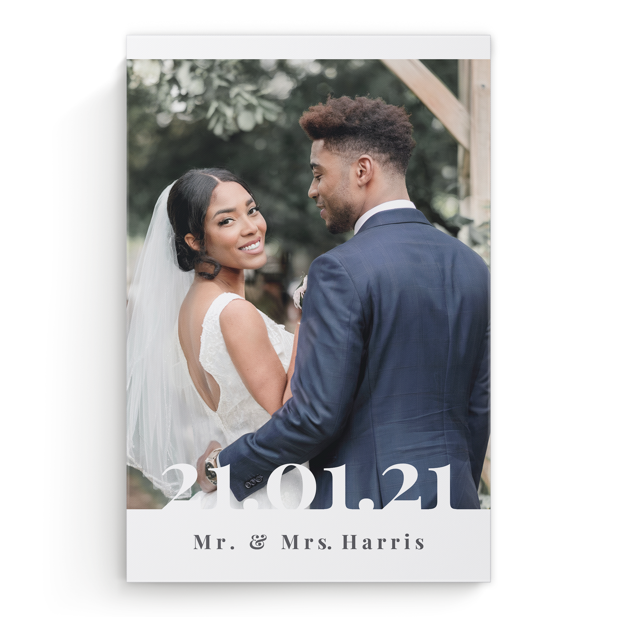 Pânză personalizată cu o fotografie de nuntă tipărită și textul 21.01.21, Mr. & Mrs. Harris