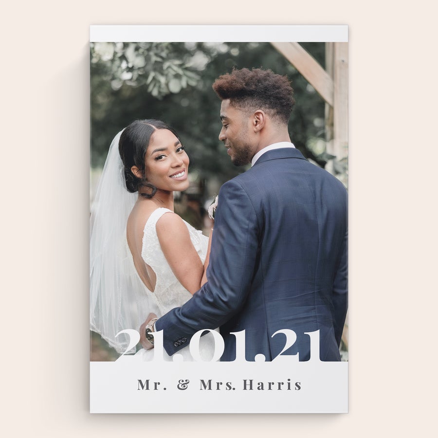 Pânză personalizată Pânză personalizată cu o fotografie de nuntă tipărită și textul 21.01.21, Mr. & Mrs. Harris