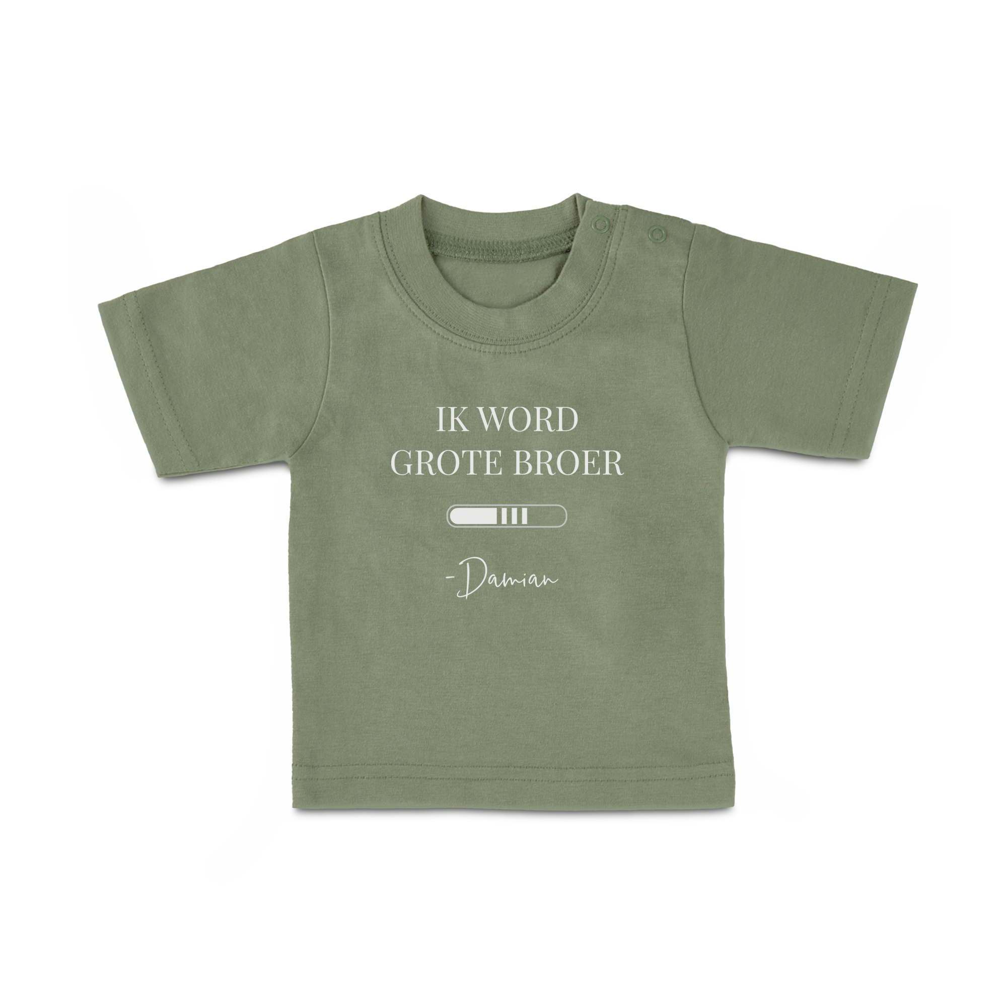 Olijfgroen gepersonaliseerd baby shirt met naam 'Damian' en de tekst 'Ik word grote broer' erop gedrukt.