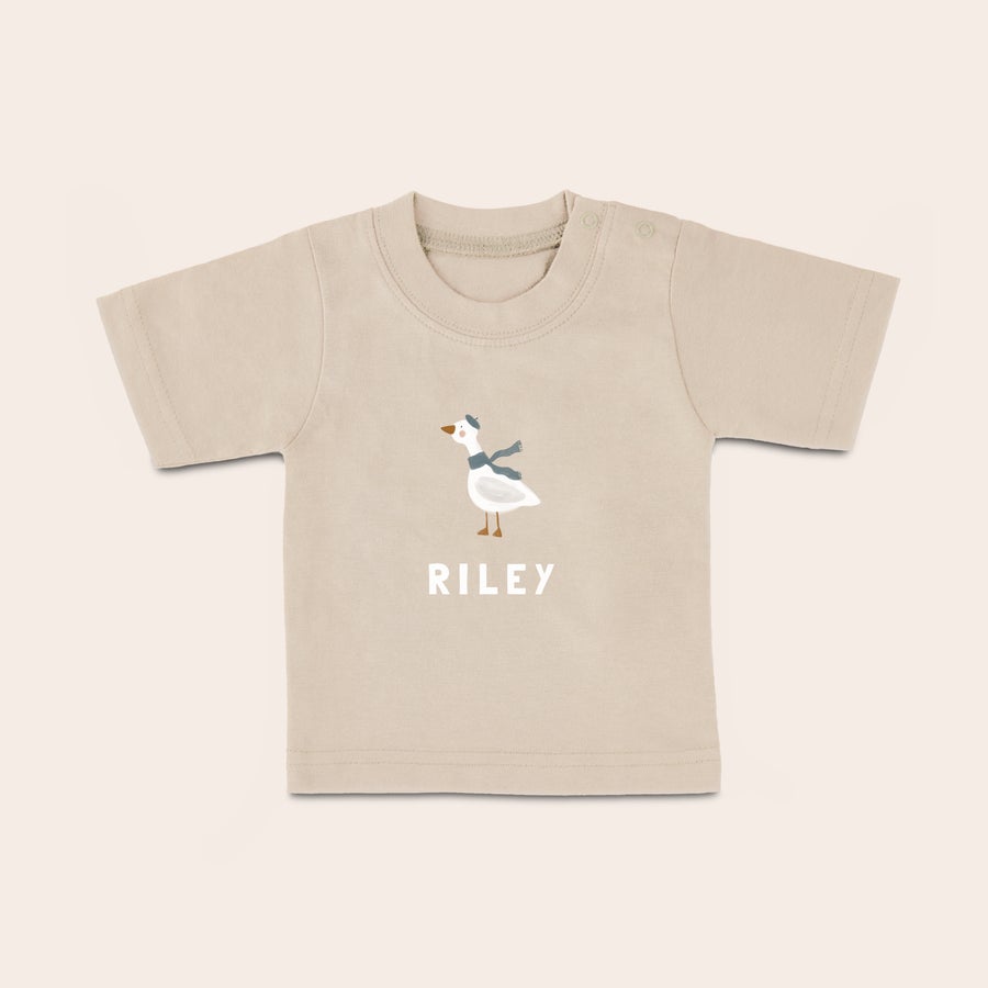 Maglietta del bambino Maglietta personalizzata per neonato beige con disegno di un'oca e la scritta "RILEY", il tuo bimbo sarà super togo con una maglietta personalizzata con scritta o foto