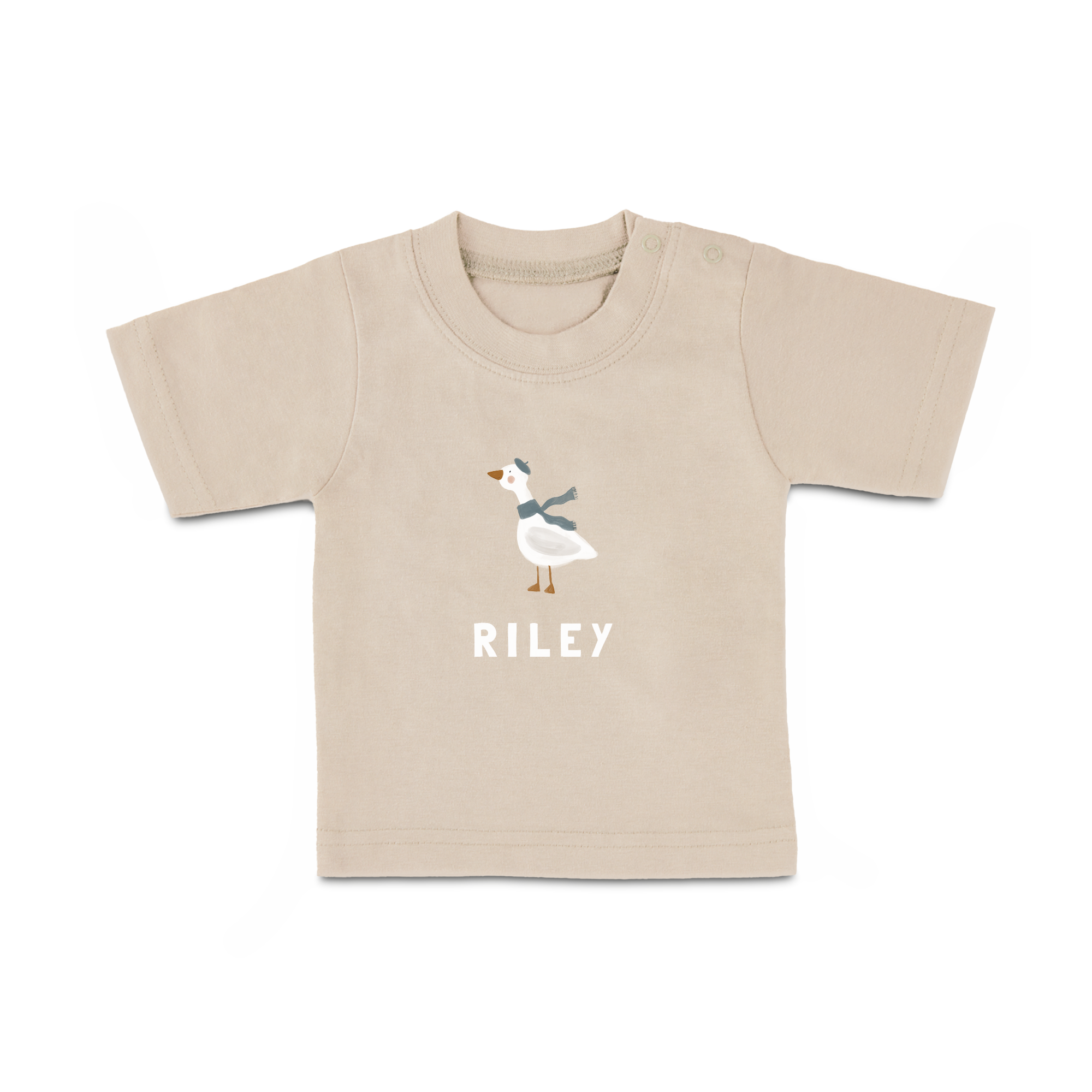 Beige baby-t-skjorte med en trykt gås og navnet "RILEY", klar til personalisering med navn eller bilde