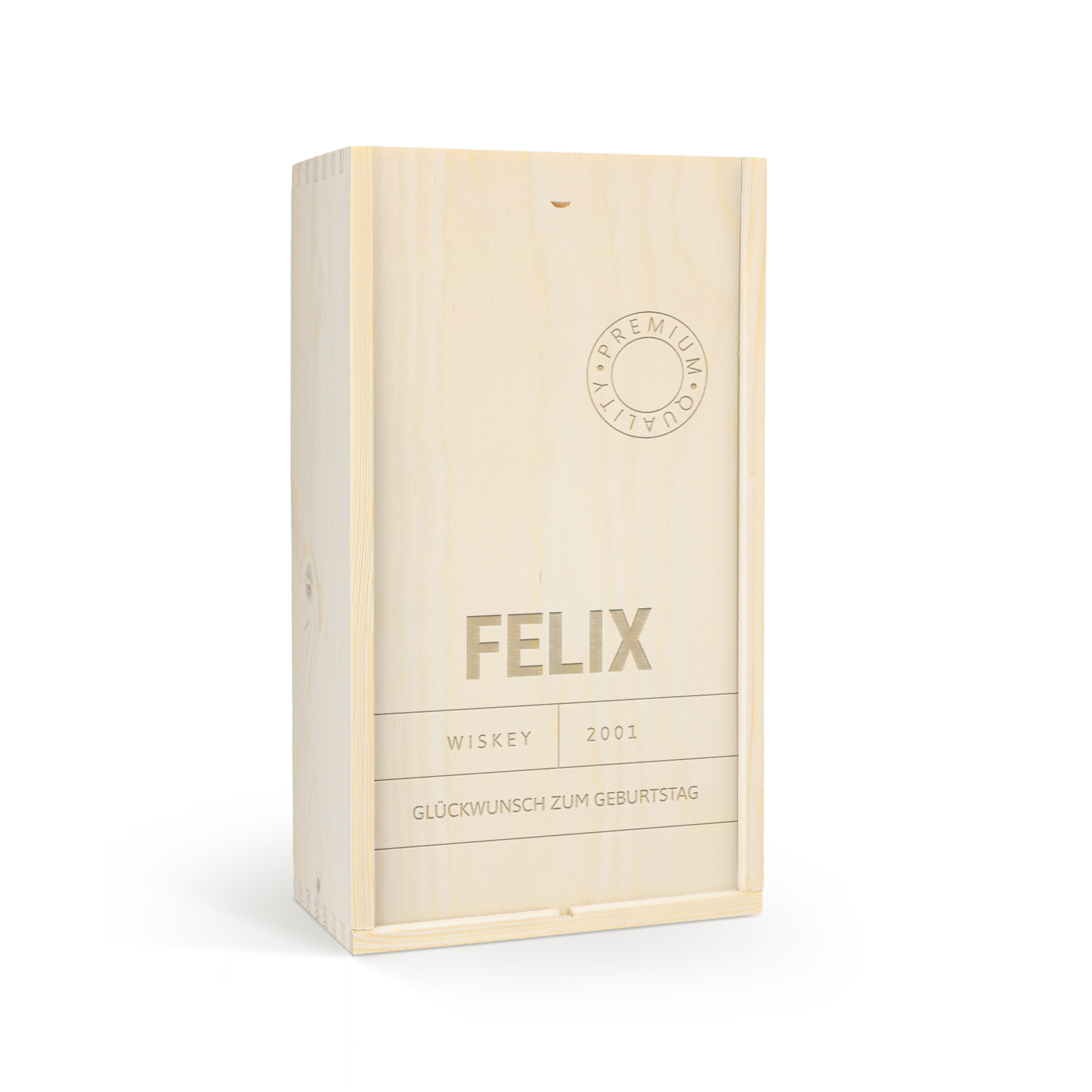 Personalisierte Jack Daniels Gentleman Jack Whisky Flasche in gravierter Holzkiste mit Name Felix und dem Text Glückwunsch zum Geburtstag