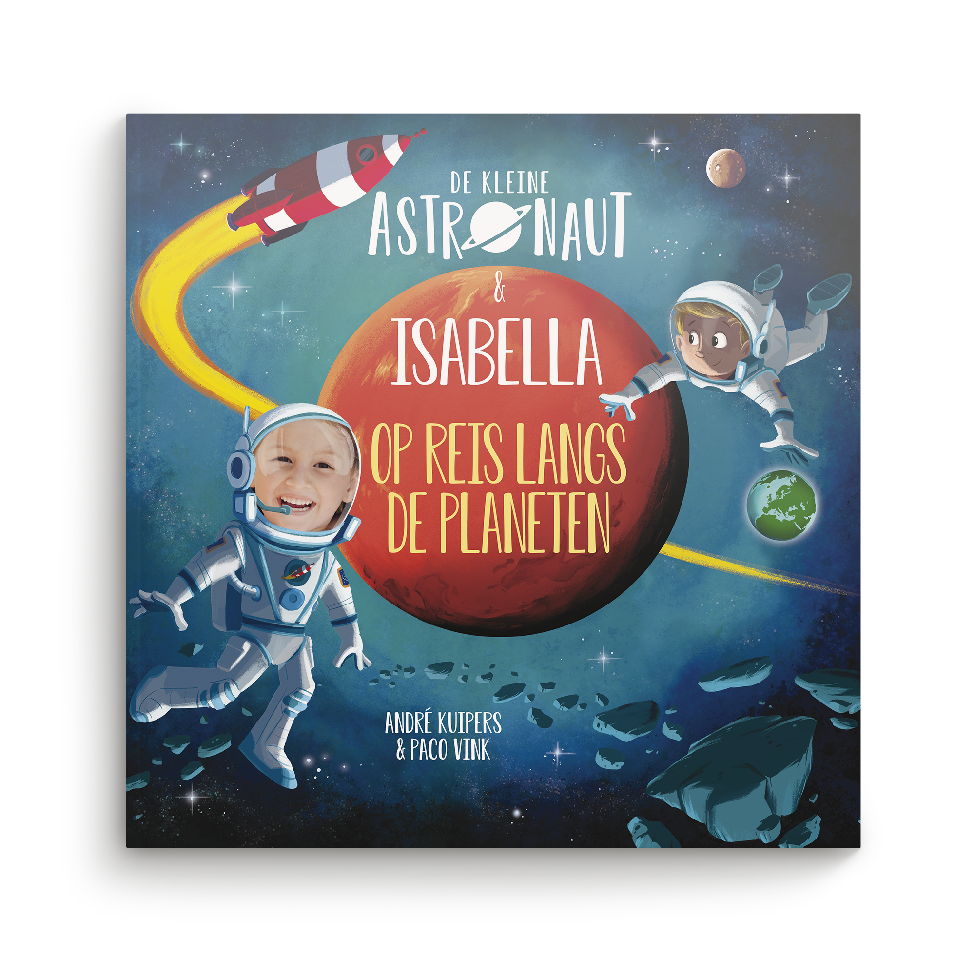 Boek met naam en foto - De kleine astronaut en naam - Hardcover XXL, gepersonaliseerd met een foto van een kind in astronautenpak.