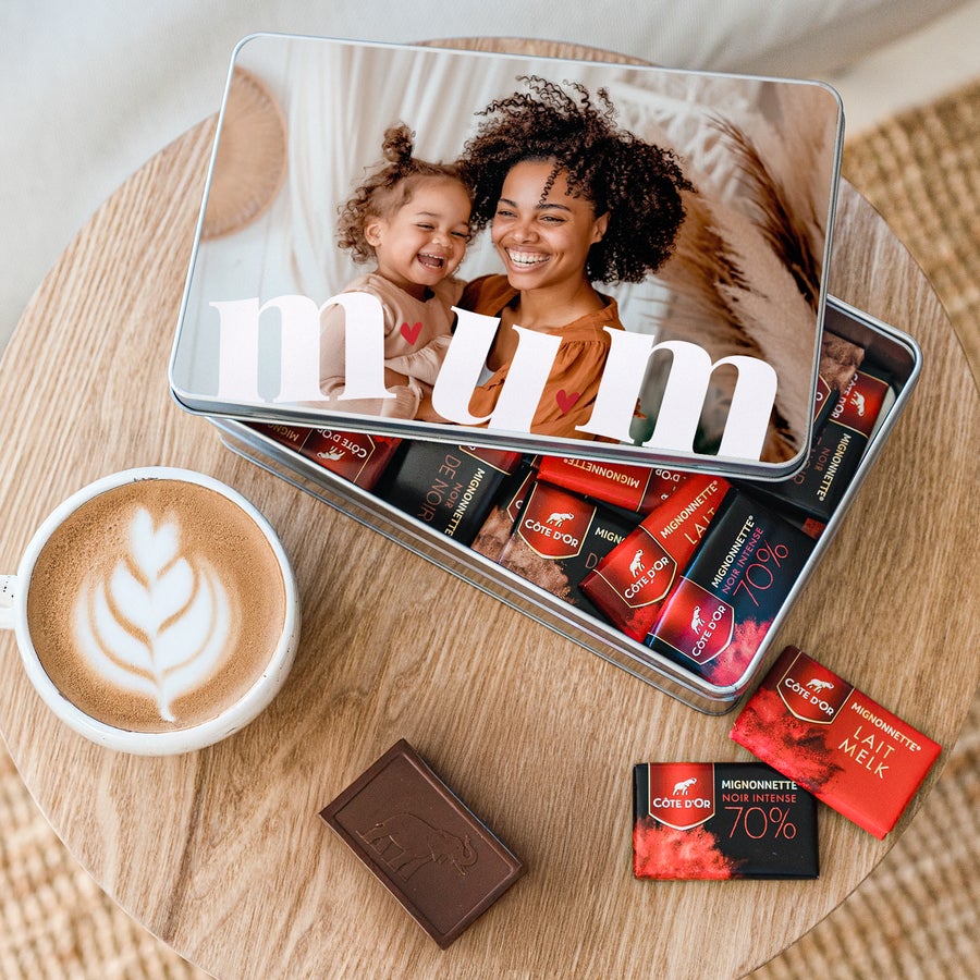 Personalised Côte d'Or biscuit tin Personalised gift tin with Côte dOr chocolate printed with a photo of a woman and child and the word Mum