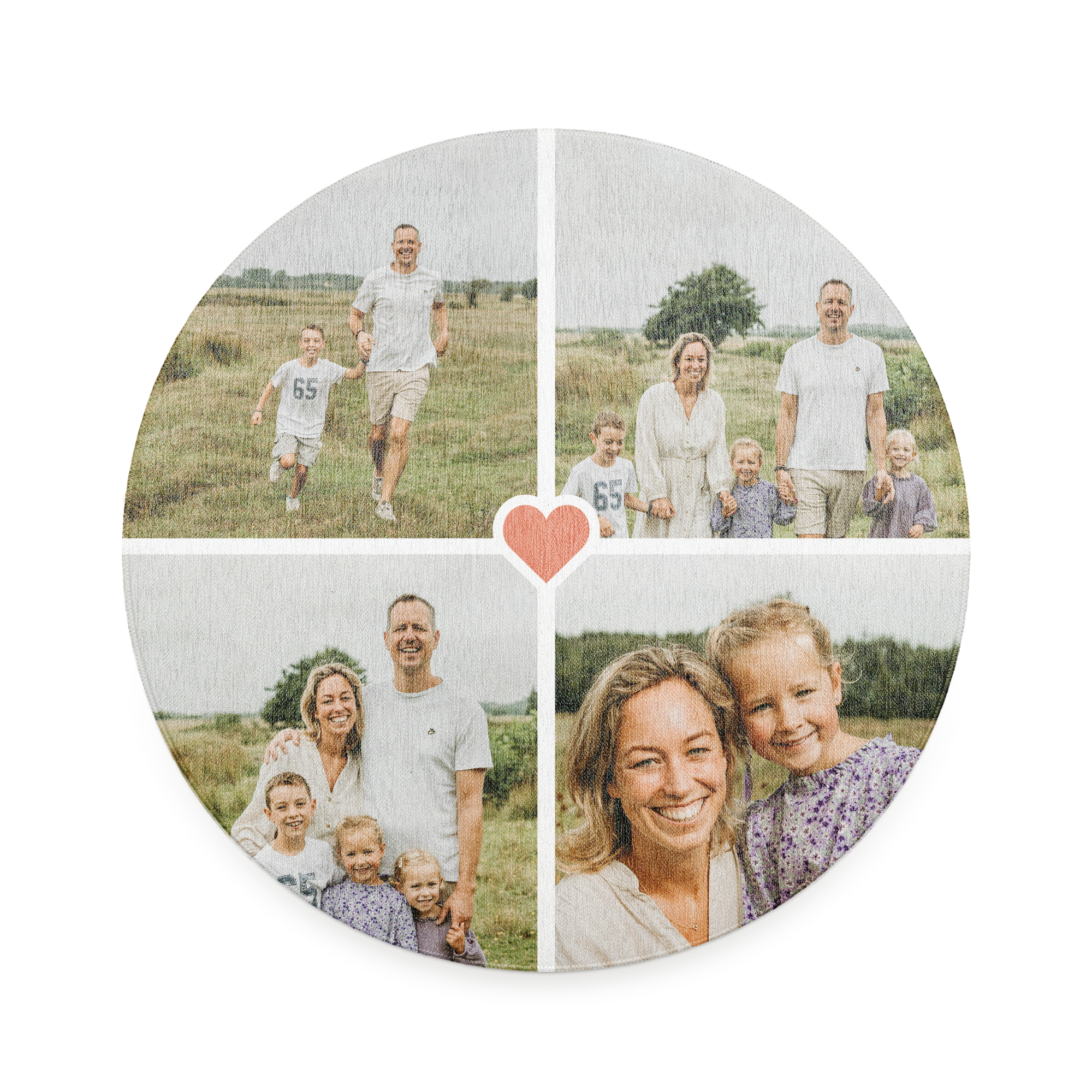 Runder personalisierter Teppich bedruckt mit vier Familienfotos, die eine Lieblingserinnerung in ein gemütliches Highlight für Boden verwandeln