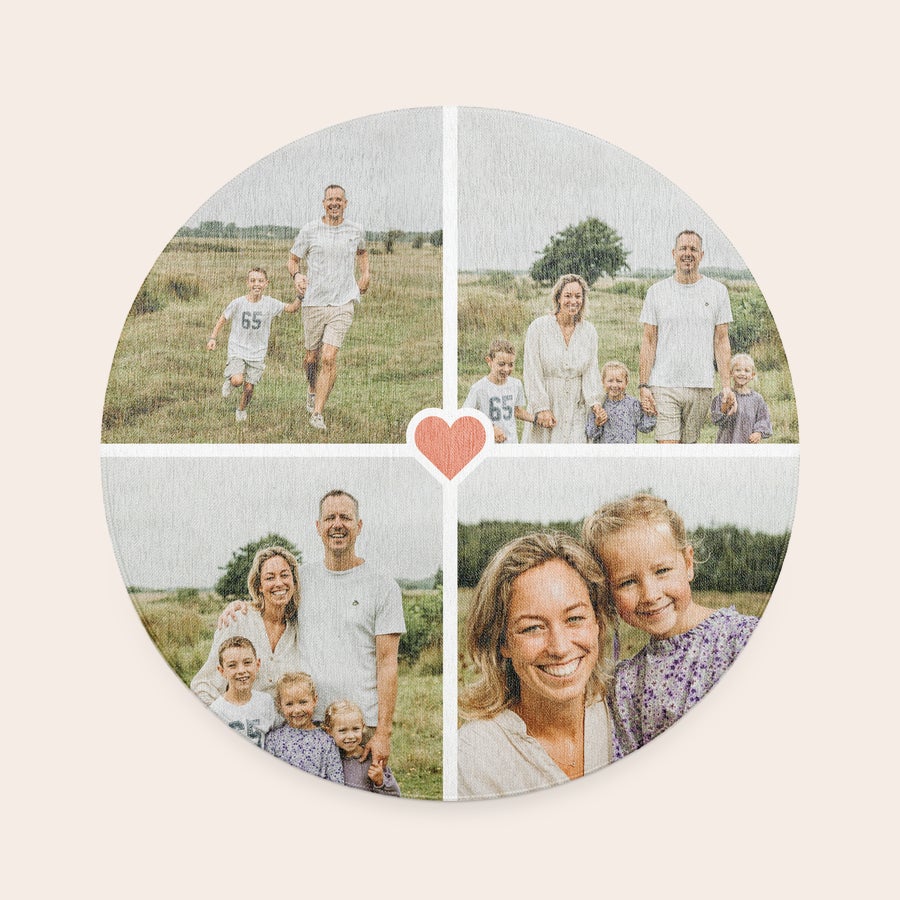Tapis personnalisé – ø 152 cm Tapis rond personnalisé avec quatre photos de famille imprimées et un cœur rouge