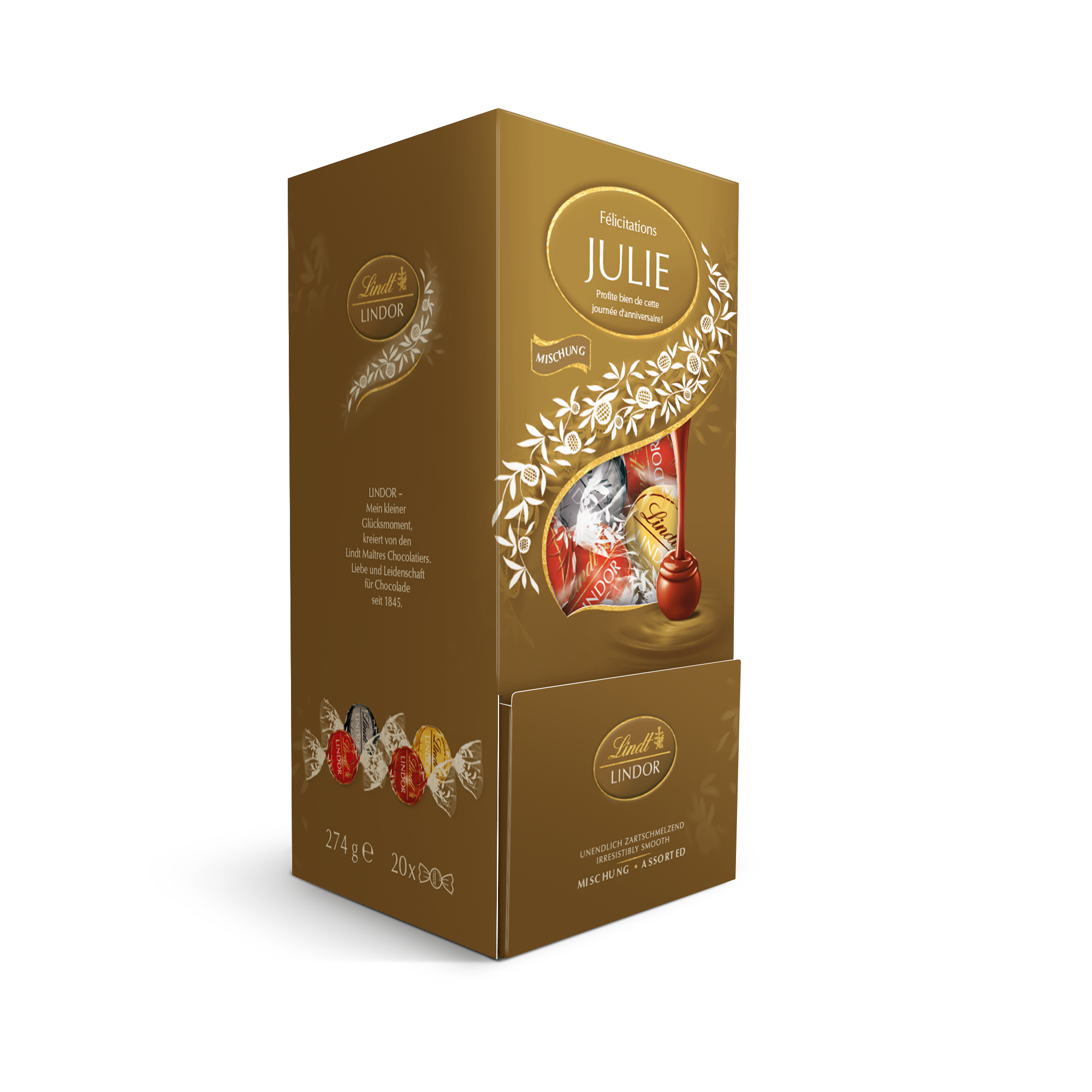 Coffret cadeau personnalisé de chocolats Lindt Assorti, imprimé avec le prénom JULIE et le message "Félicitations Profite bien de cette journée d'anniversaire".