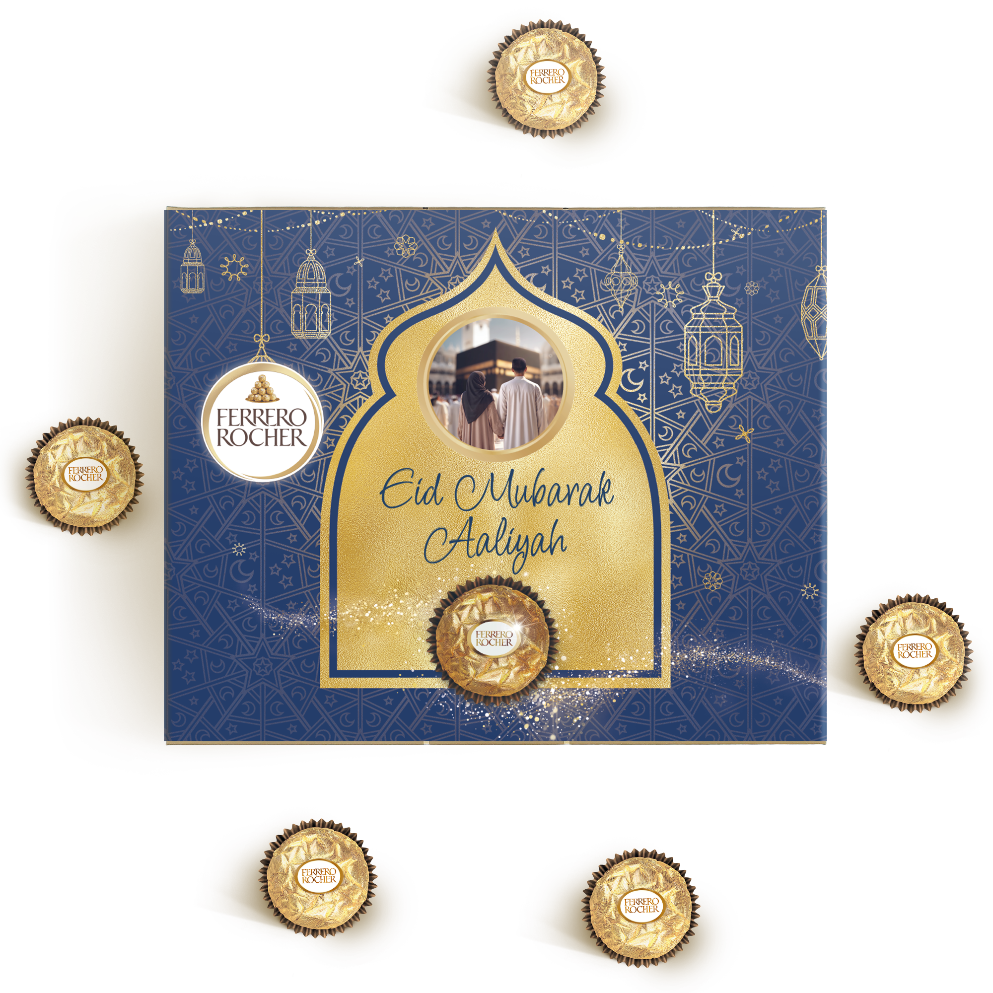 Personalisierte Ramadan Schokolade Ferrero Rocher Box mit Foto, Eid Mubarak und Aaliyah Schriftzug.