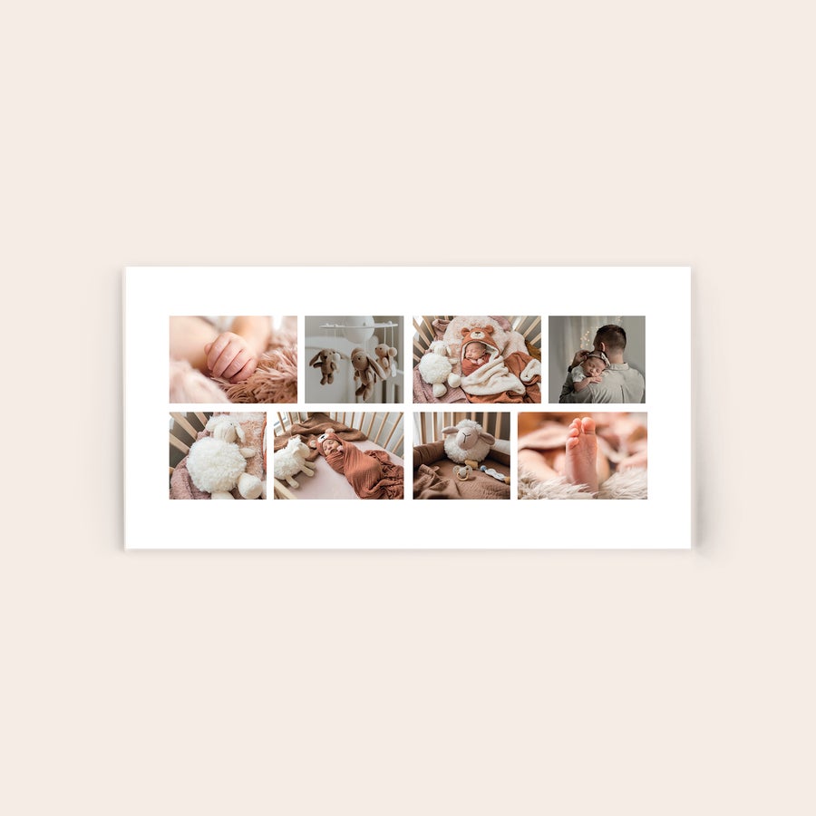 Photo on Acrylic Acrylic photo print featuring a collage of eight baby photos, including a baby's hand, feet, a sleeping baby in a crib, and a father holding a baby. This custom photo on acrylic helps immortalize your most memorable moment.
