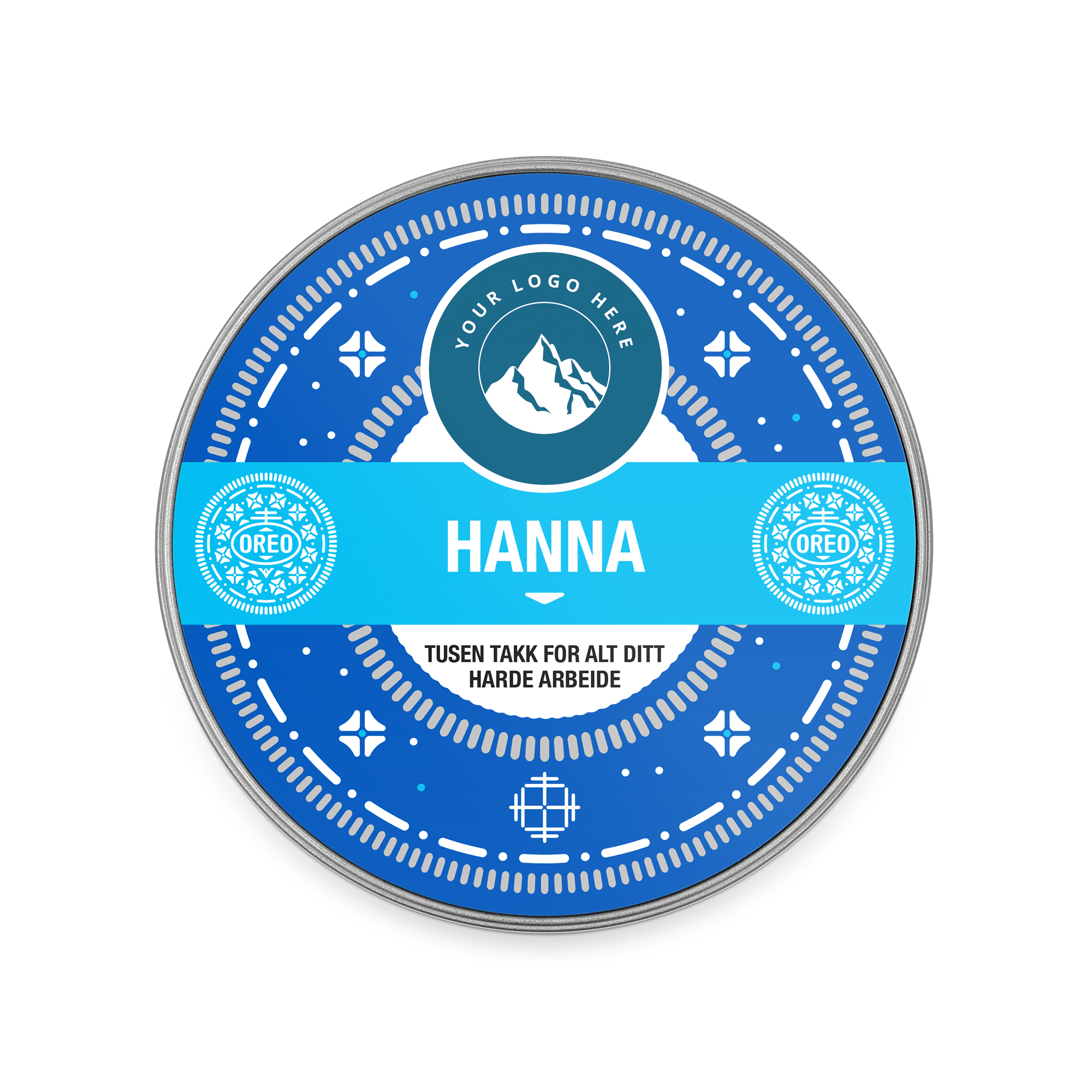 Personliggaveboks fylt med Oreo, med navnet "HANNA" og teksten "TUSEN TAKK FOR ALT DITT HARDE ARBEIDE".