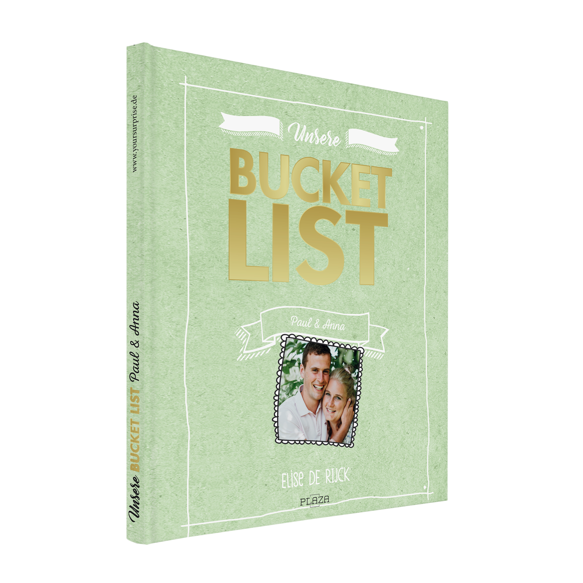 Personalisierte Pärchen Bucket List mit Aufdruck "Unsere Bucket List", Namen Paul & Anna und einem Foto eines Paares.