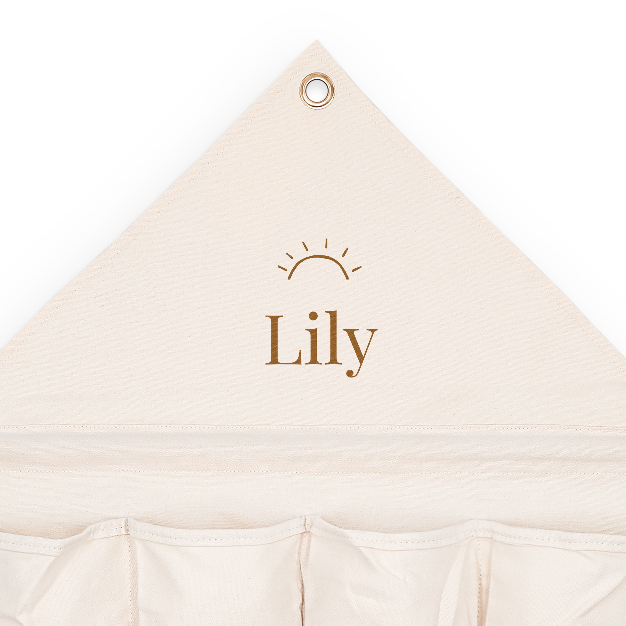 Beiger Taschen-Organizer aus Stoff mit aufgedrucktem Namen "Lily" und einem Sonnensymbol.