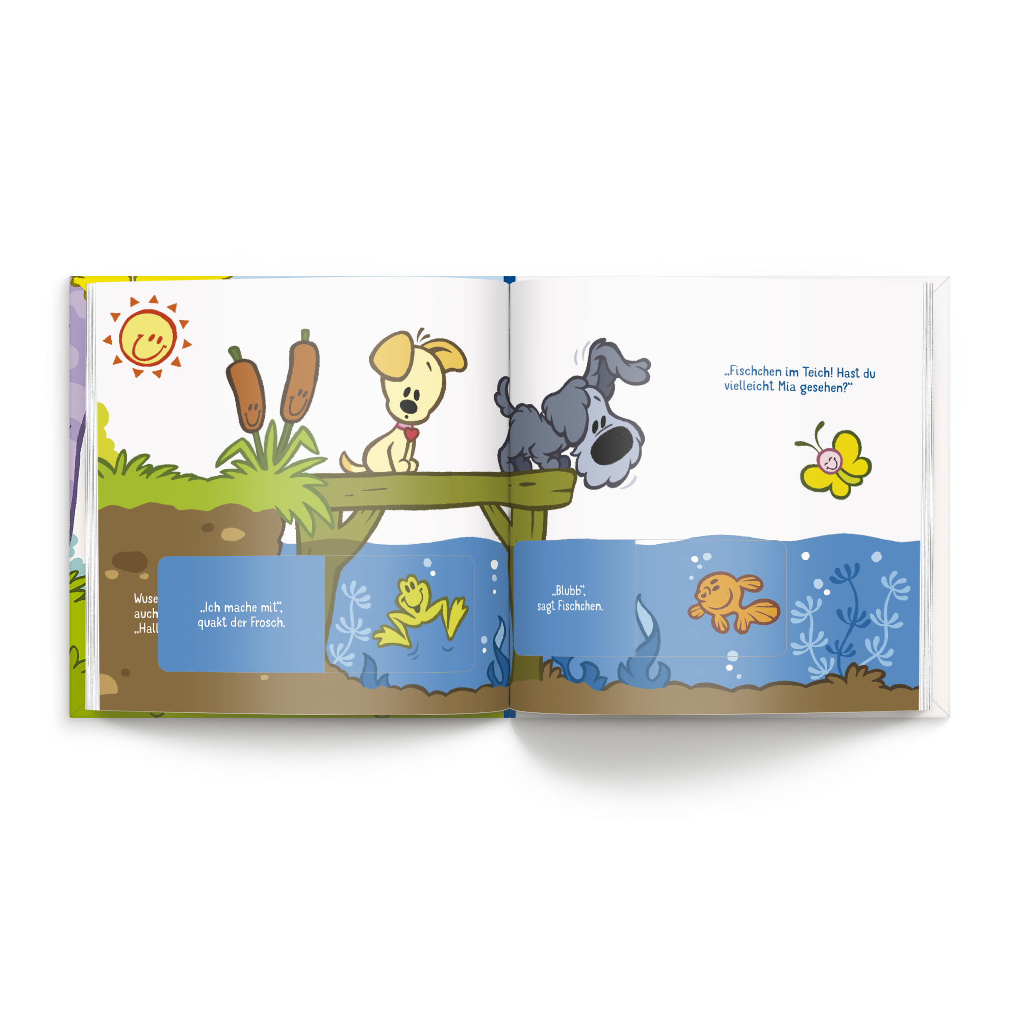 Personalisiertes Kinderbuch Wusel & Pip Versteckspiel mit bunten Illustrationen und eigenem Namen für das Kind bedruckt.