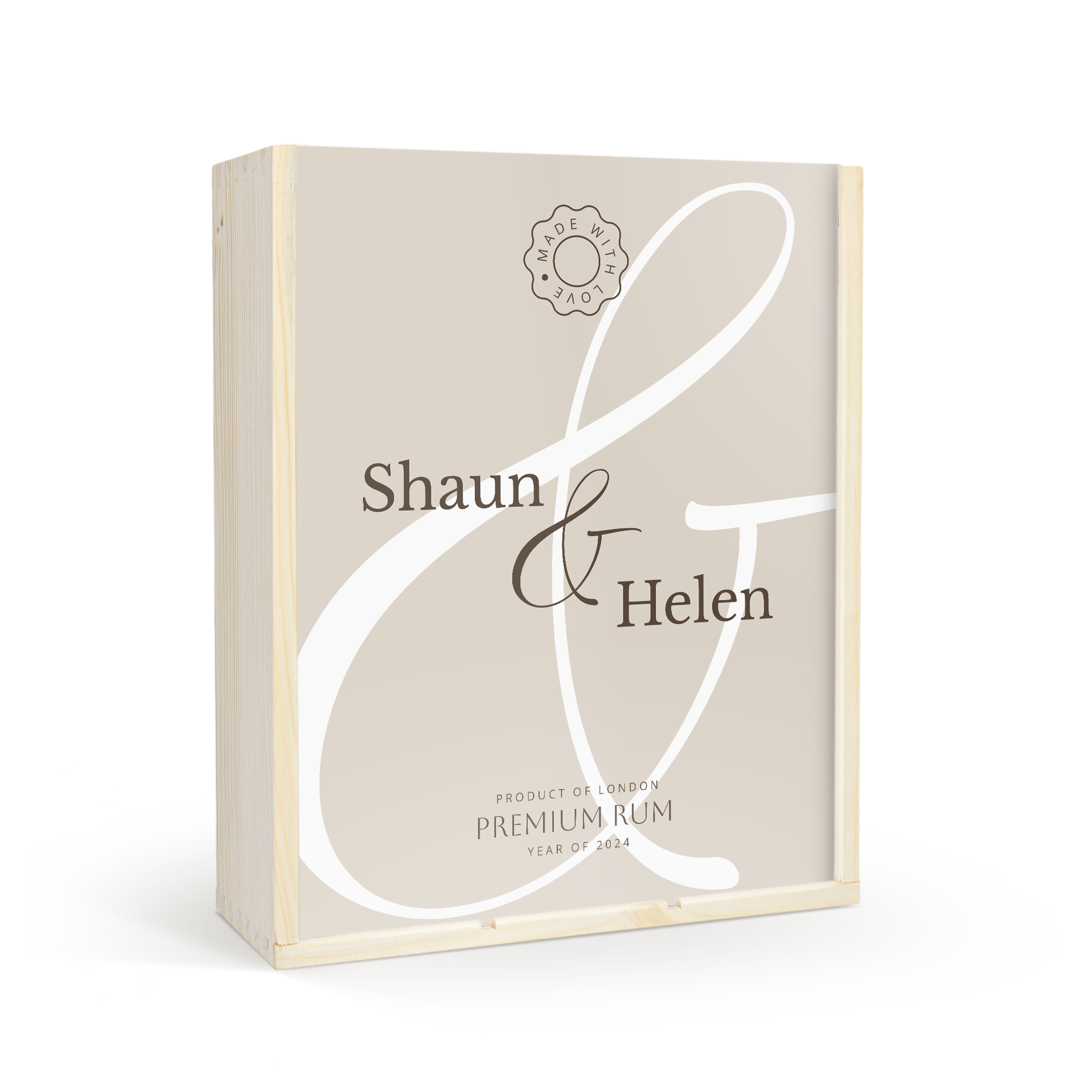 Cutie de lemn personalizată imprimată cu numele "Shaun & Helen" și textul "Premium Rum".