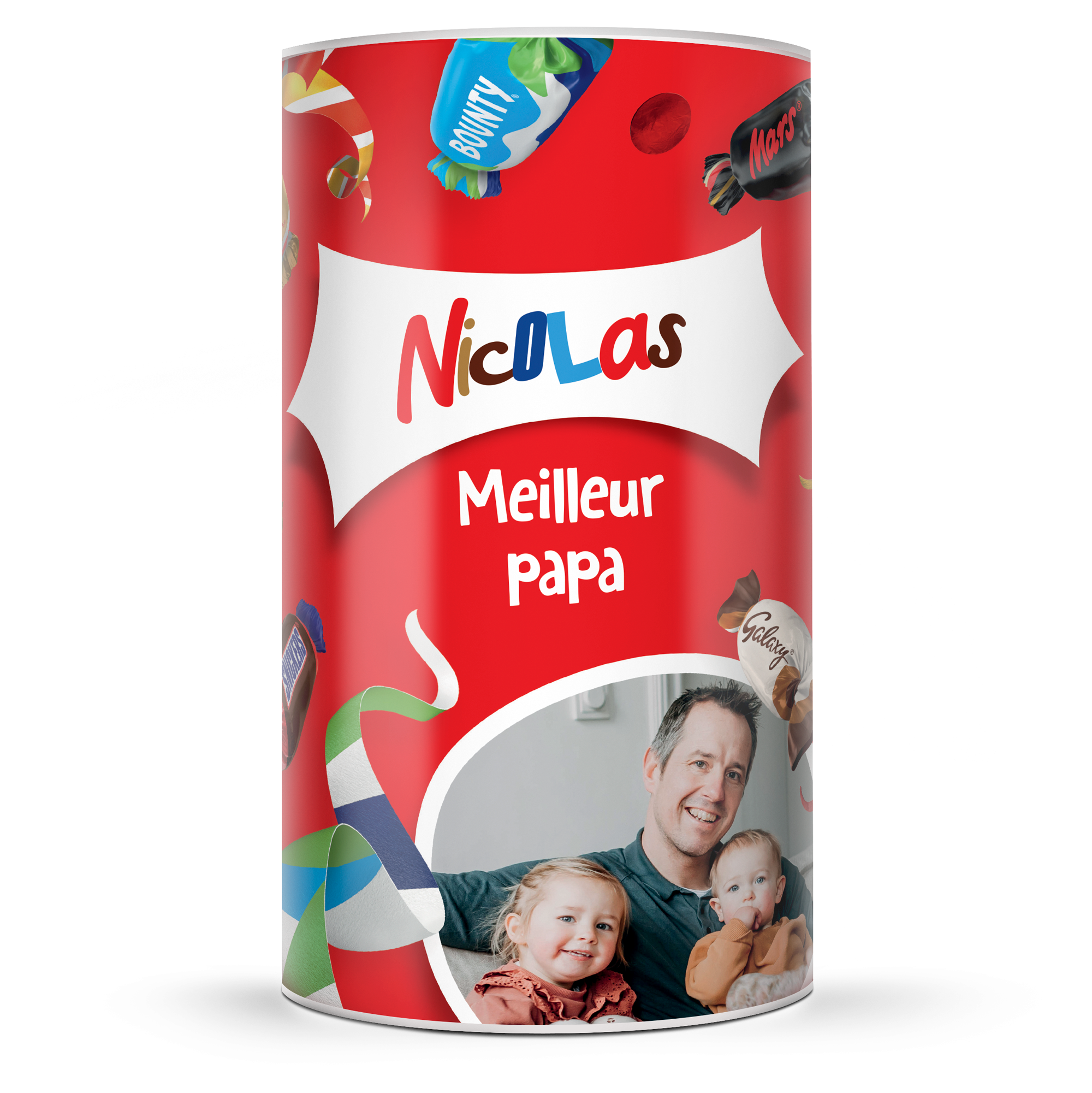 Assortiment de chocolats Celebrations tube personnalisé, avec photo de famille et les mots Nicolas Meilleur Papa imprimés