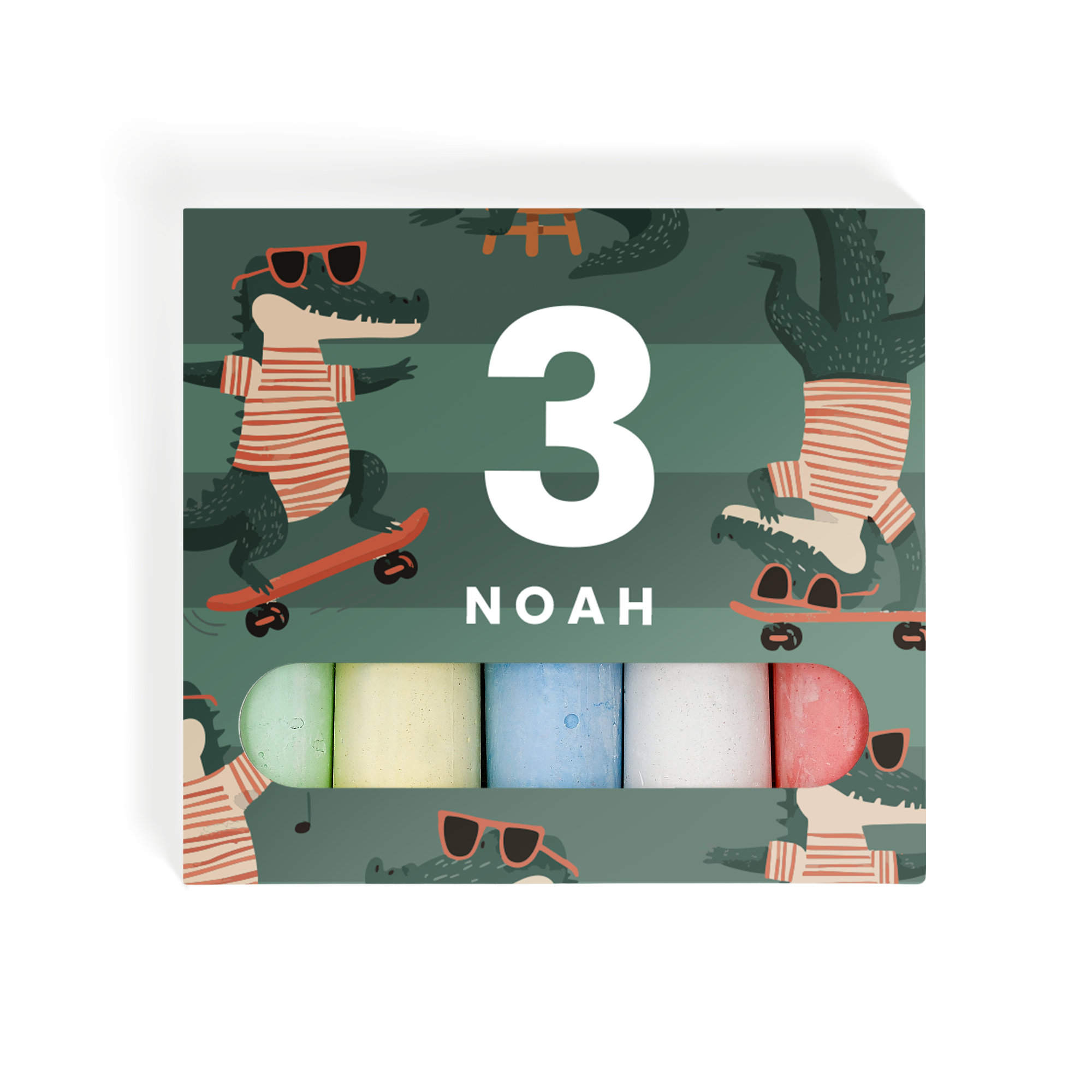 Gepersonaliseerde stoepkrijt met krokodillen design, leeftijd 3 en naam Noah bedrukt