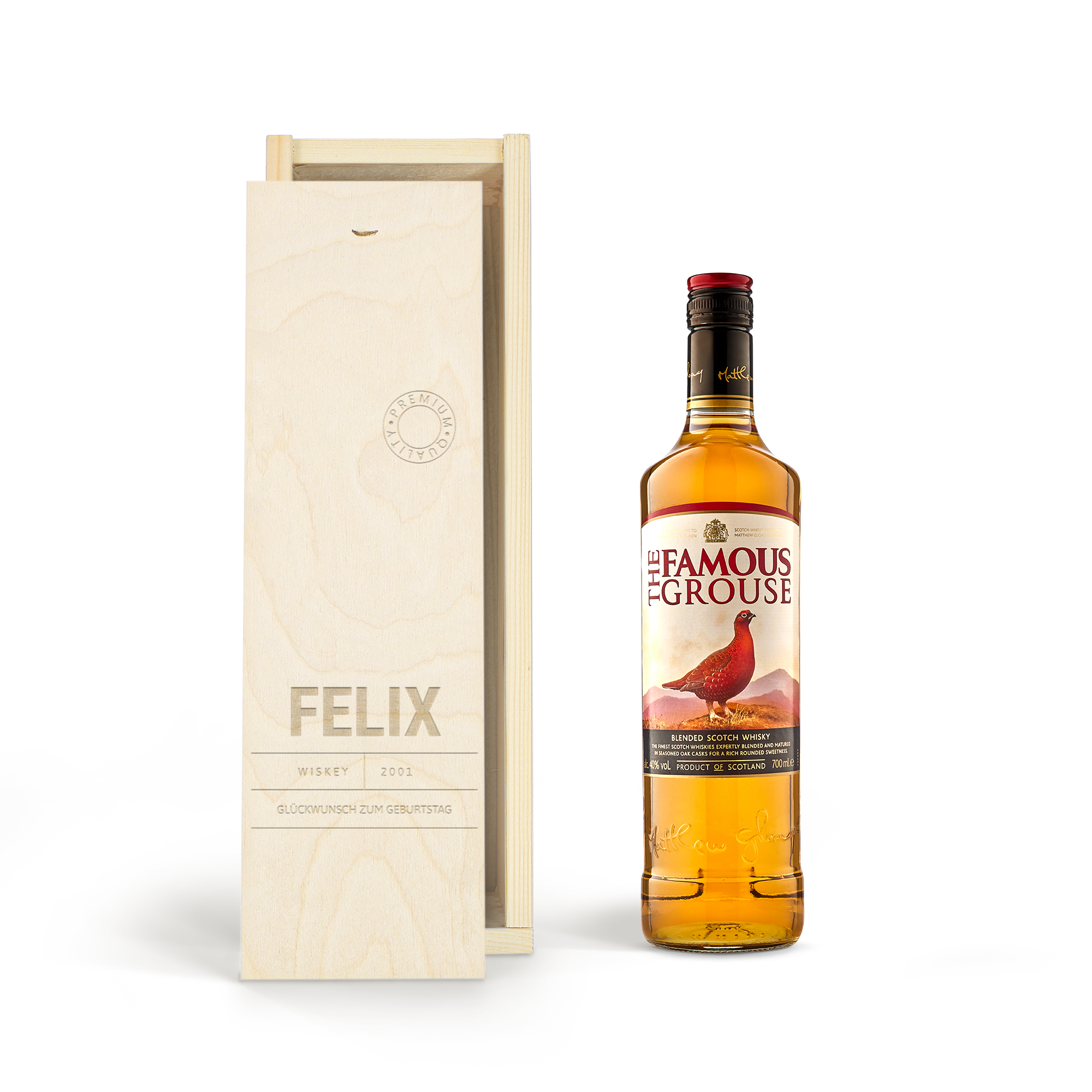 Eine Flasche Famous Grouse Whisky in personalisierter Holzkiste, graviert mit dem Namen Felix und "Glückwunsch zum Geburtstag".