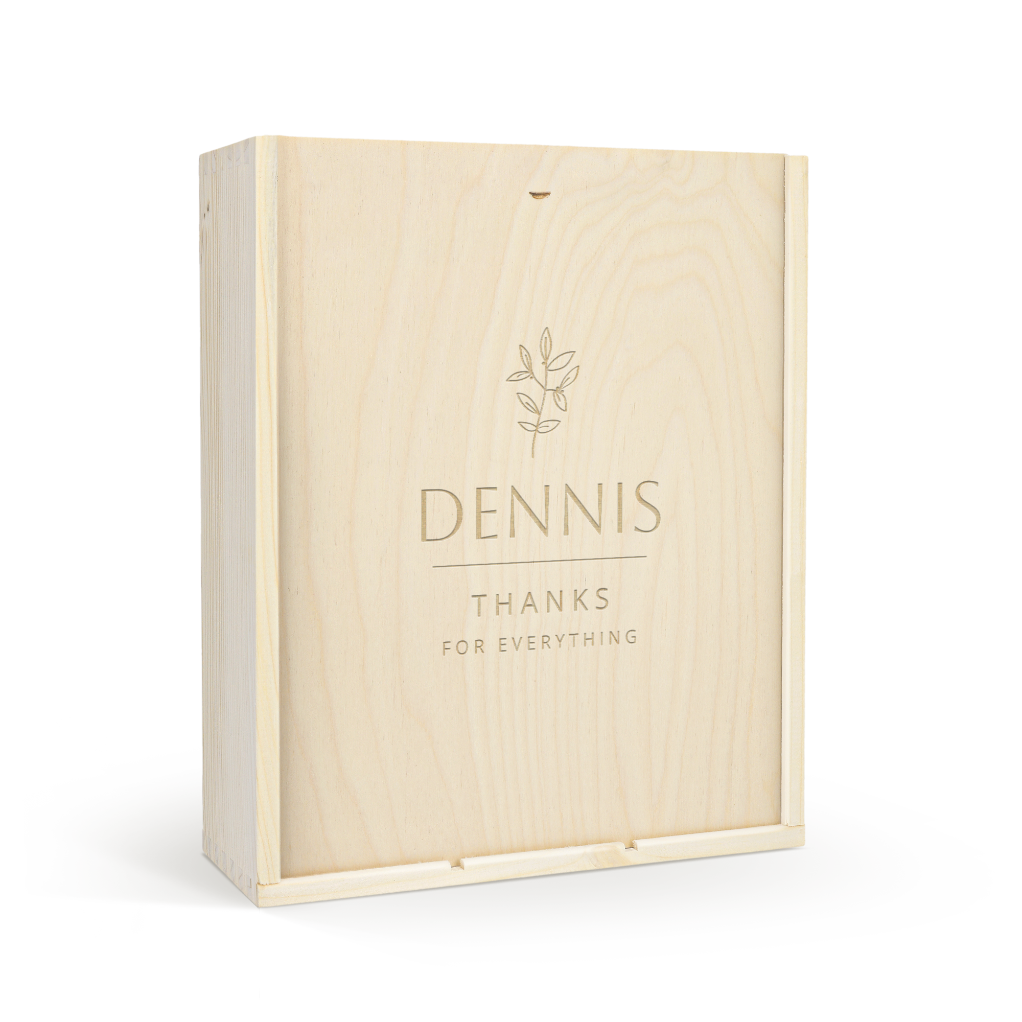 Uma caixa de madeira de luxo com gravação personalizada "Dennis Thanks for Everything" e espaço para uma garrafa e 2 taças de champanhe