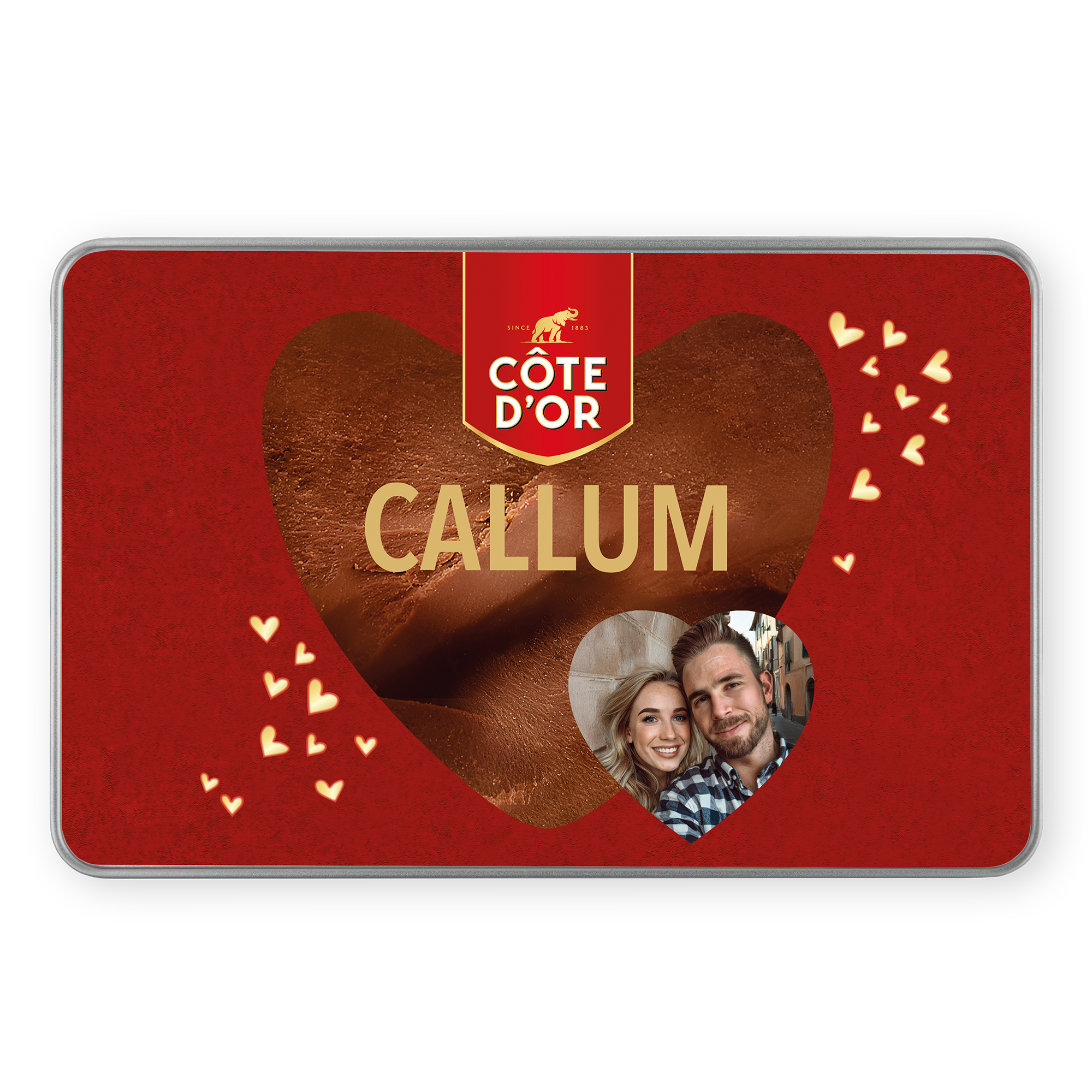 Personlig gavedåse - Rektangel - Mini Bouchée med printet navn "Callum" og et hjerteformet billede af et par.