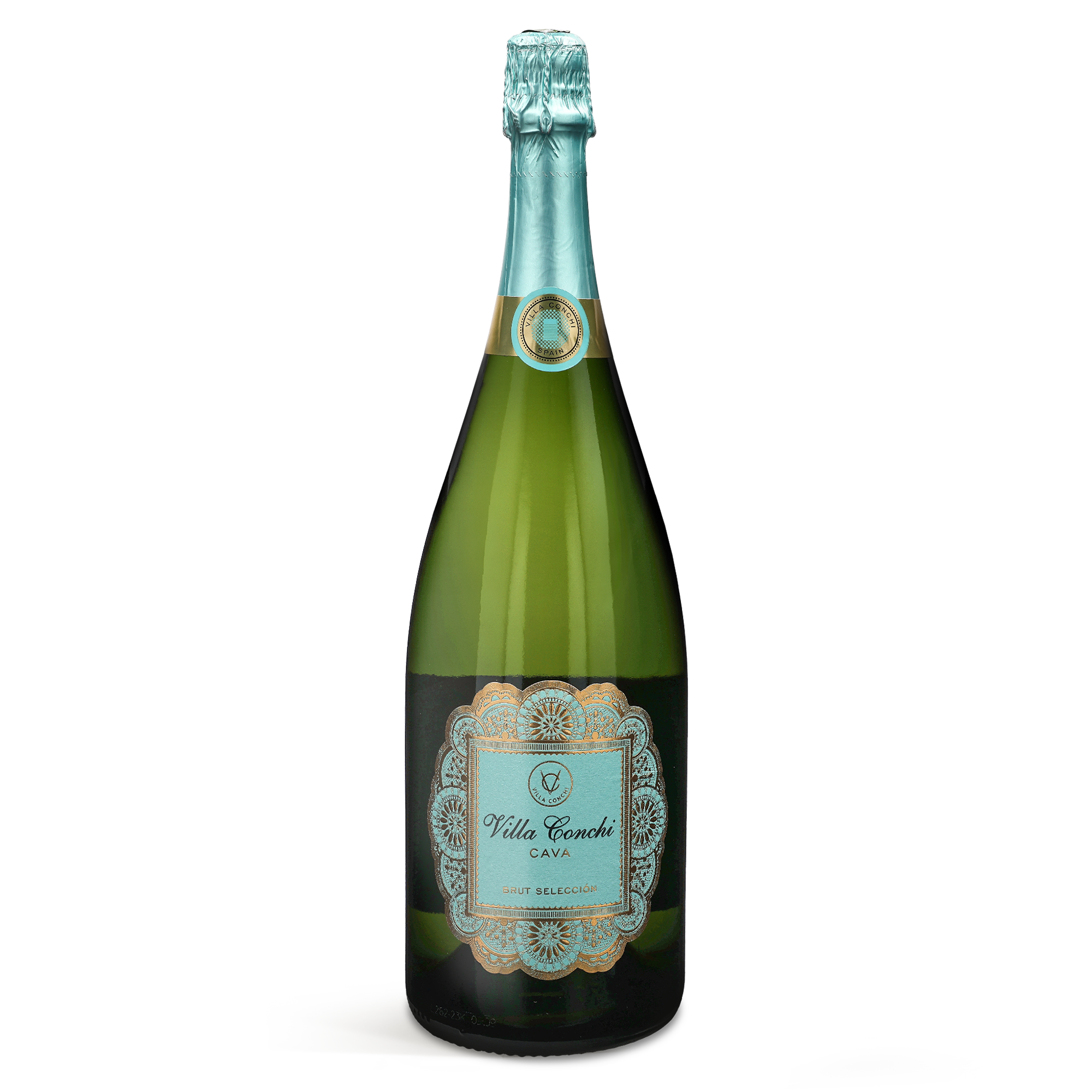 Villa Conchi cava bottle with turquoise label. This bottle is a gift with a personal touch.