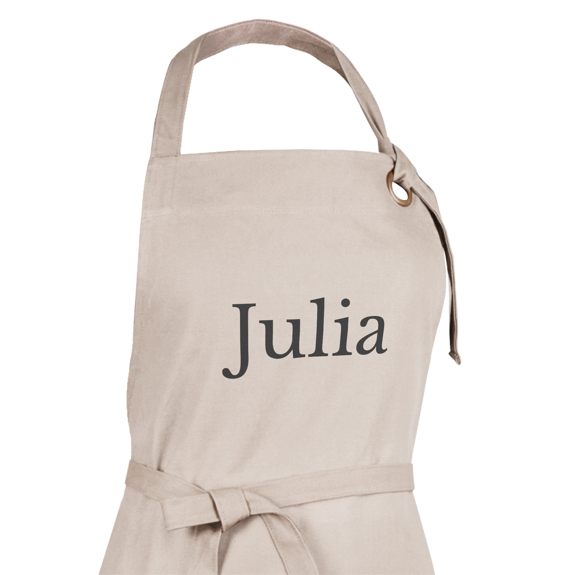 Personalizowany fartuch w kolorze beżowym z imieniem Julia, zadrukowany na środku fartucha