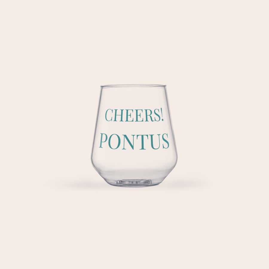 Vattenglas med tryk - Plast Snyggt vattenglas för picknick, tryckt med texten "CHEERS! PONTUS", som kan anpassas med egen text, design eller foto.