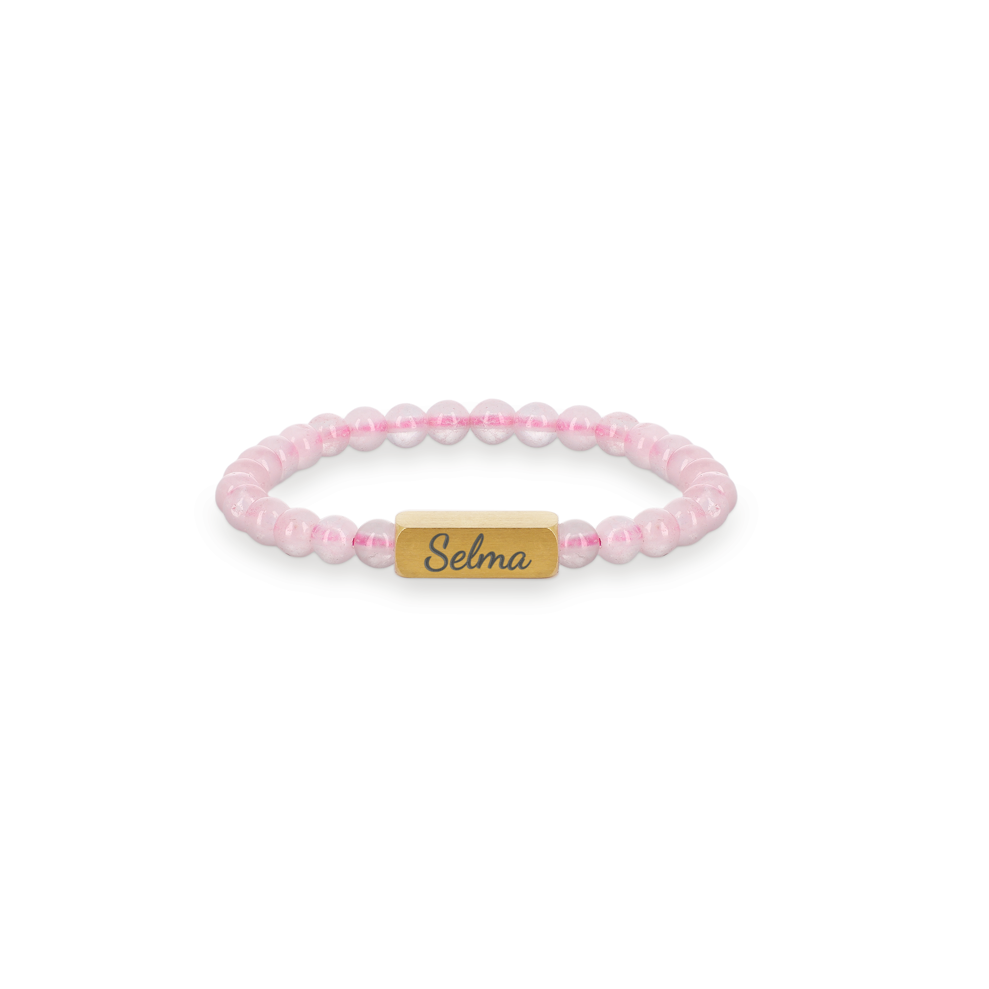Armbånd med graveret rosenkvarts til børn i XS med 4mm perler og guldplade, der kan personliggøres med navn som Selma