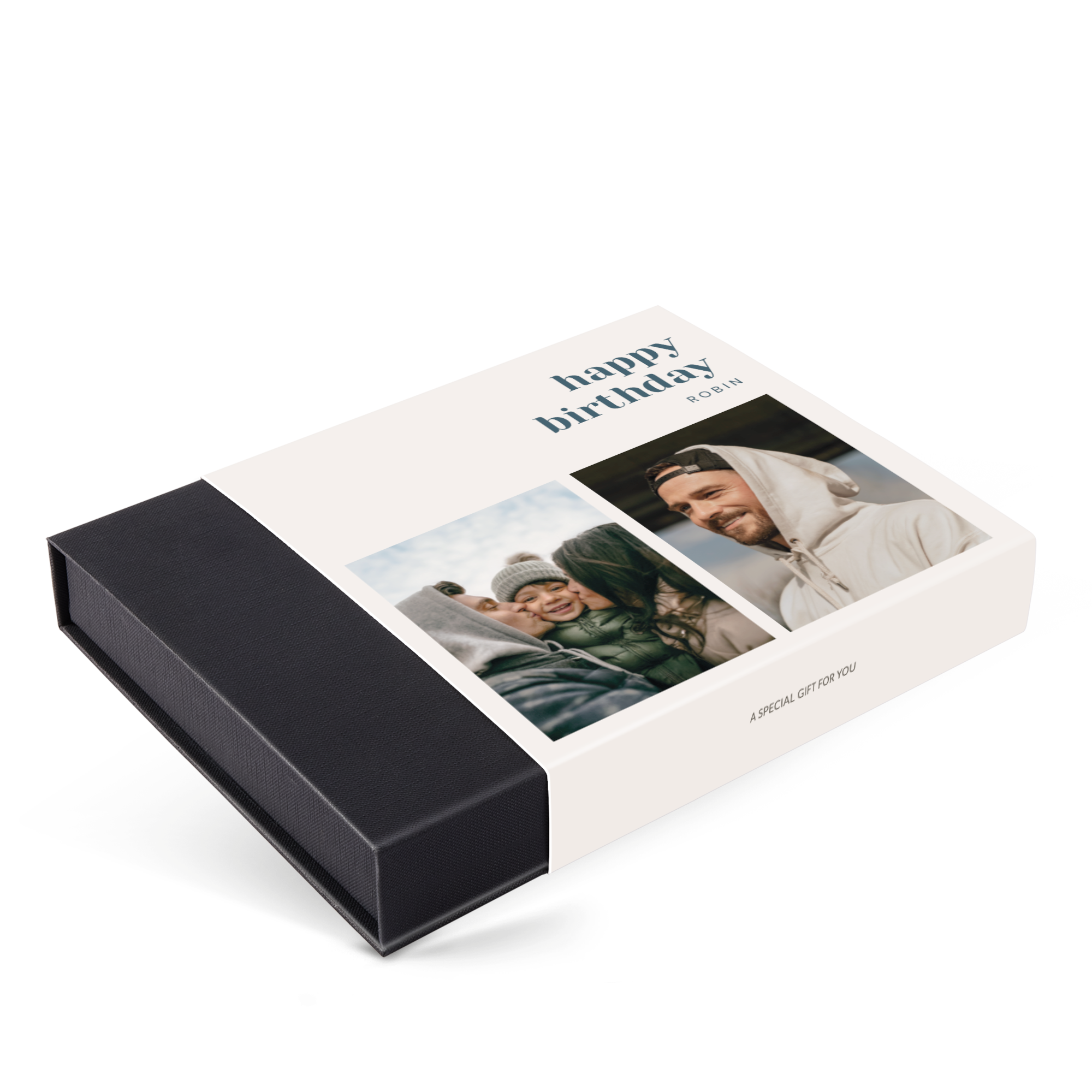 Personalised Deluxe Chocolates with two photos, happy birthday Robin text, and A SPECIAL GIFT FOR YOU message printed on the sleeve